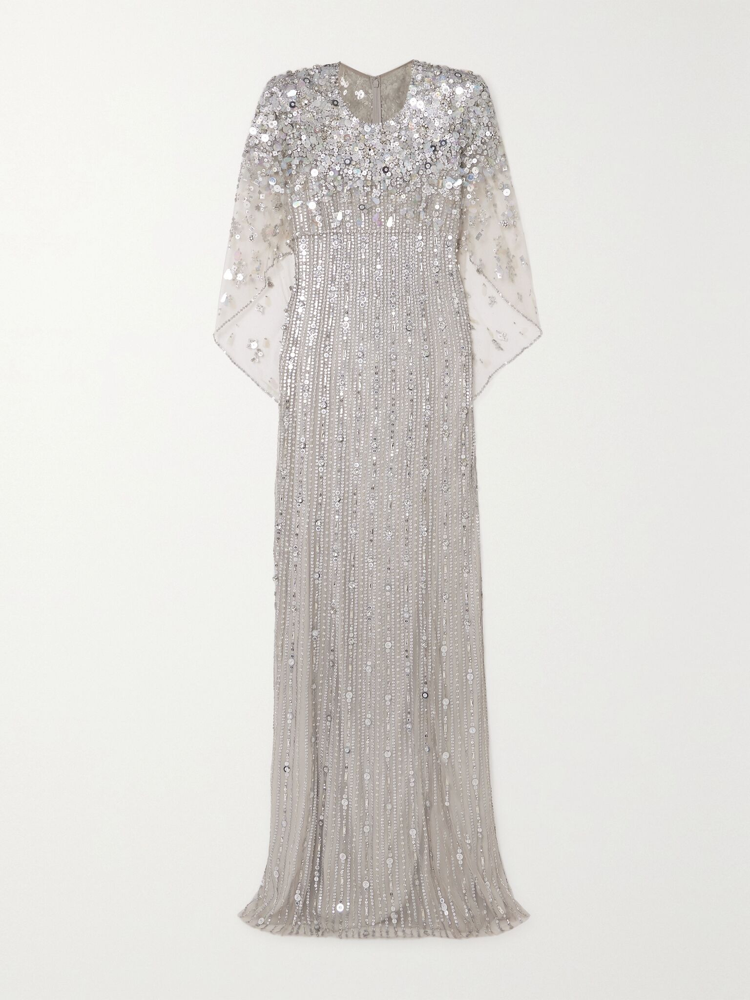Nettie cape-effect embellished sequined tulle gown Platinum - 1