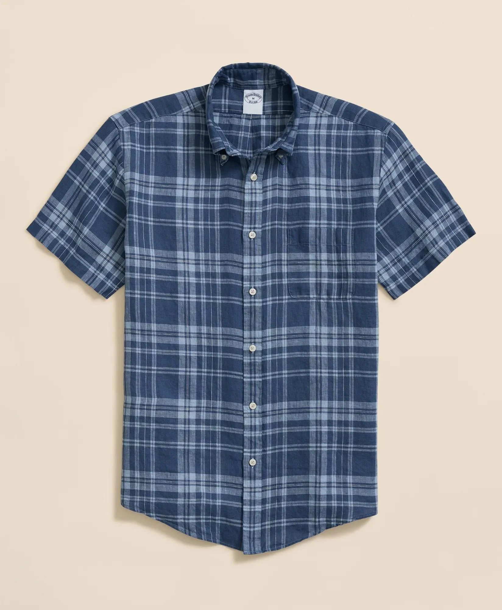 Irish Linen Polo Button Down Collar, Plaid Short-Sleeve Shirt - 1