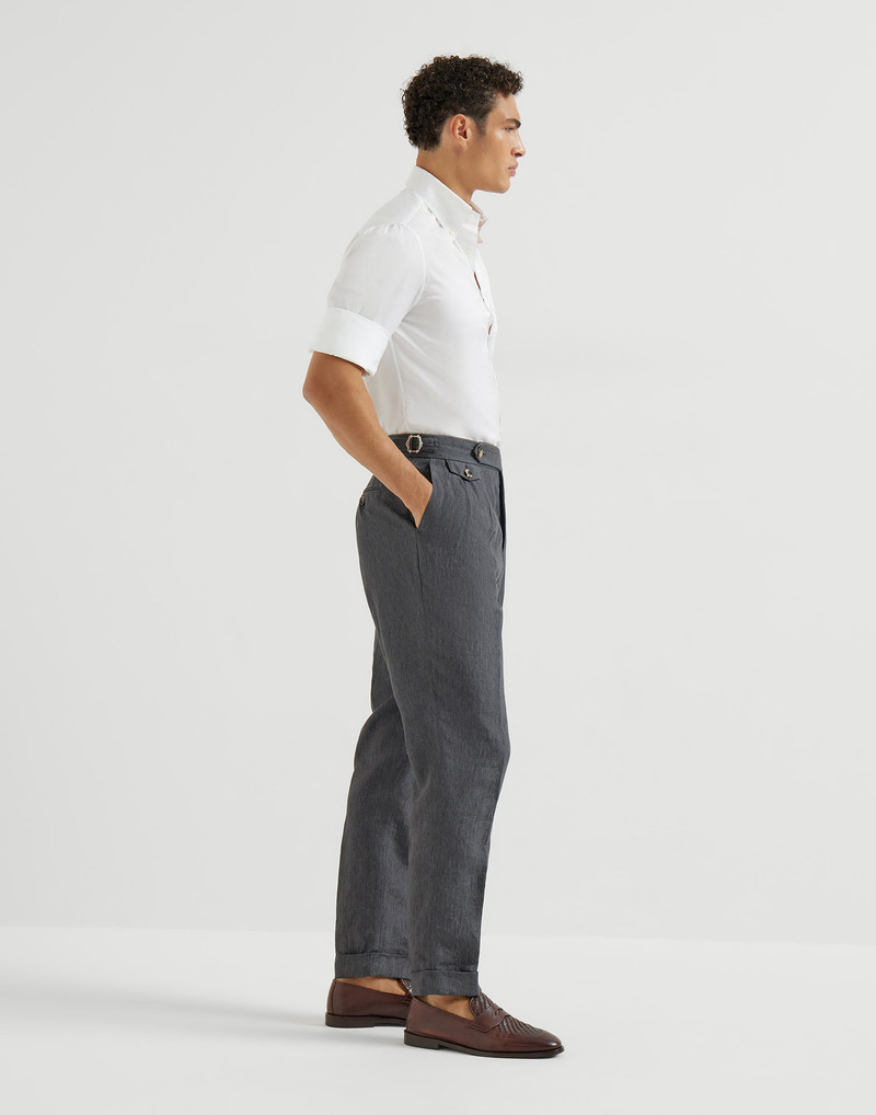 Lightweight délavé linen trousers with reversed double pleats and waist tabs 5