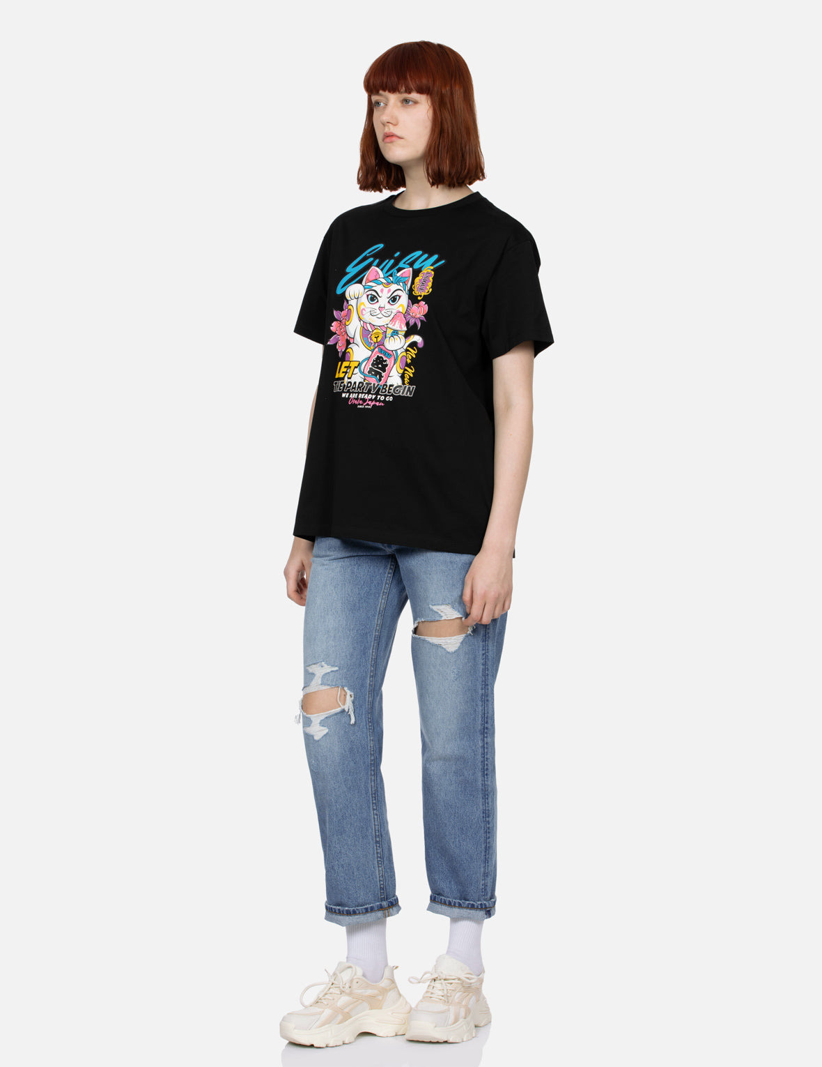 FORTUNE CAT AND FLORAL PRINT BOYFRIEND T-SHIRT - 3