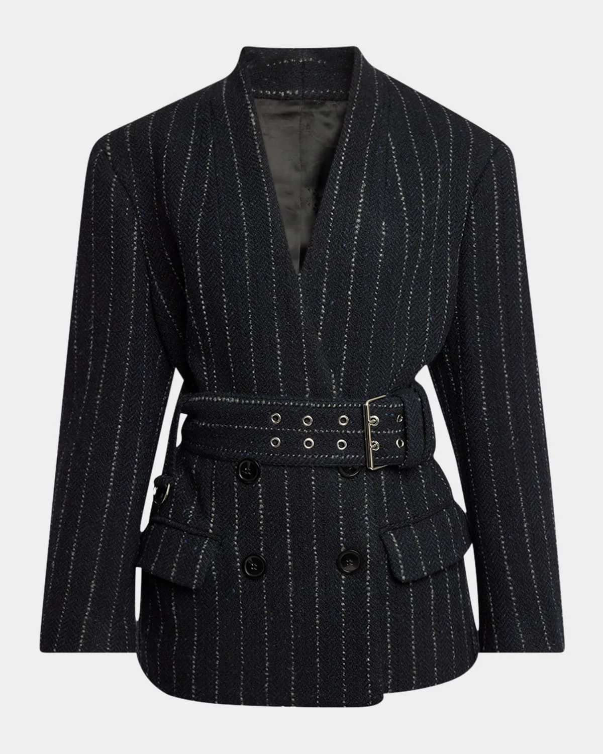 Fyma Belted Pinstripe Double-Breasted Blazer Jacket - 1