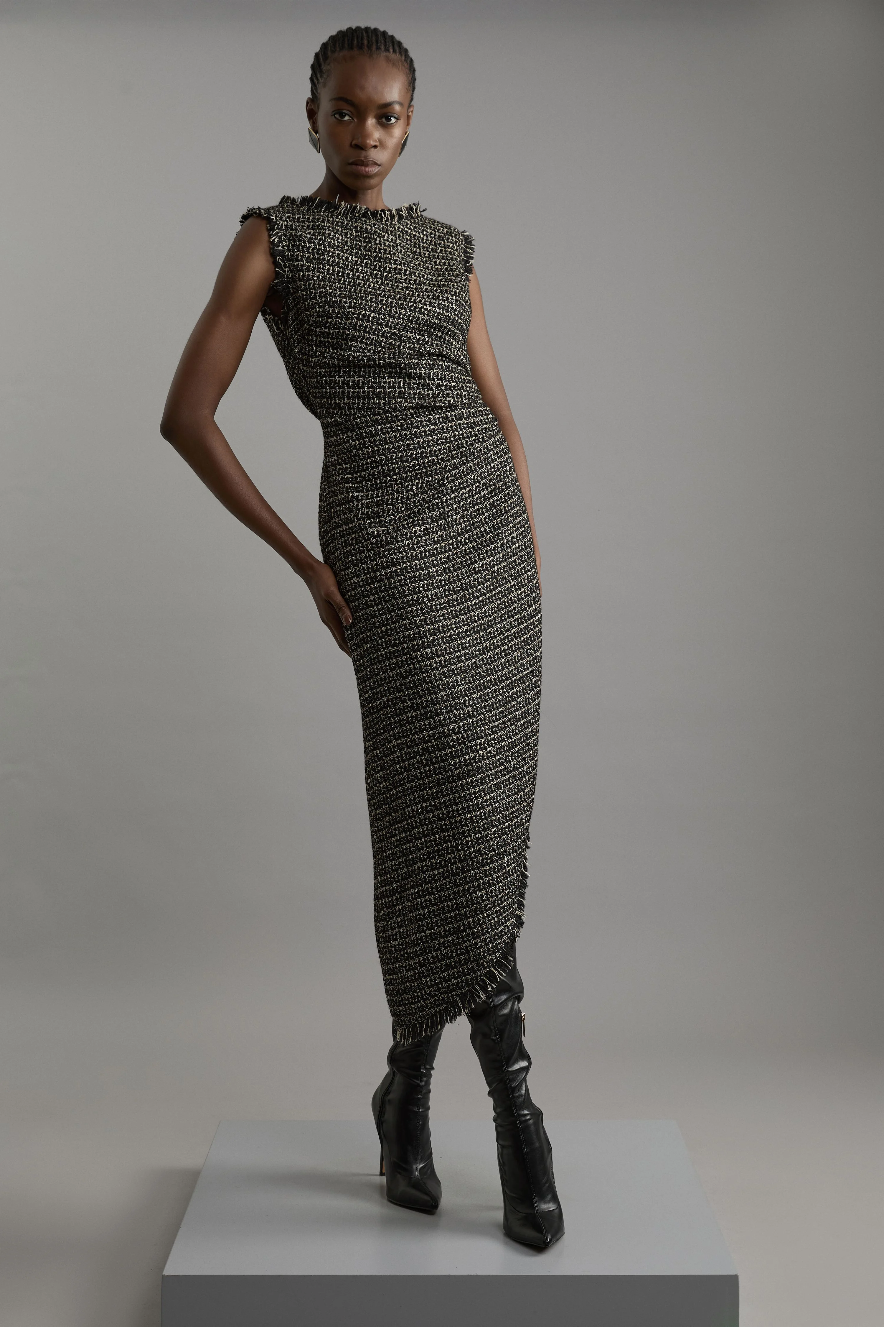 karen millen metallic dress Karen Millen Foil Metallic Figure Form Bandage Strappy Knit Maxi Dress in Silver