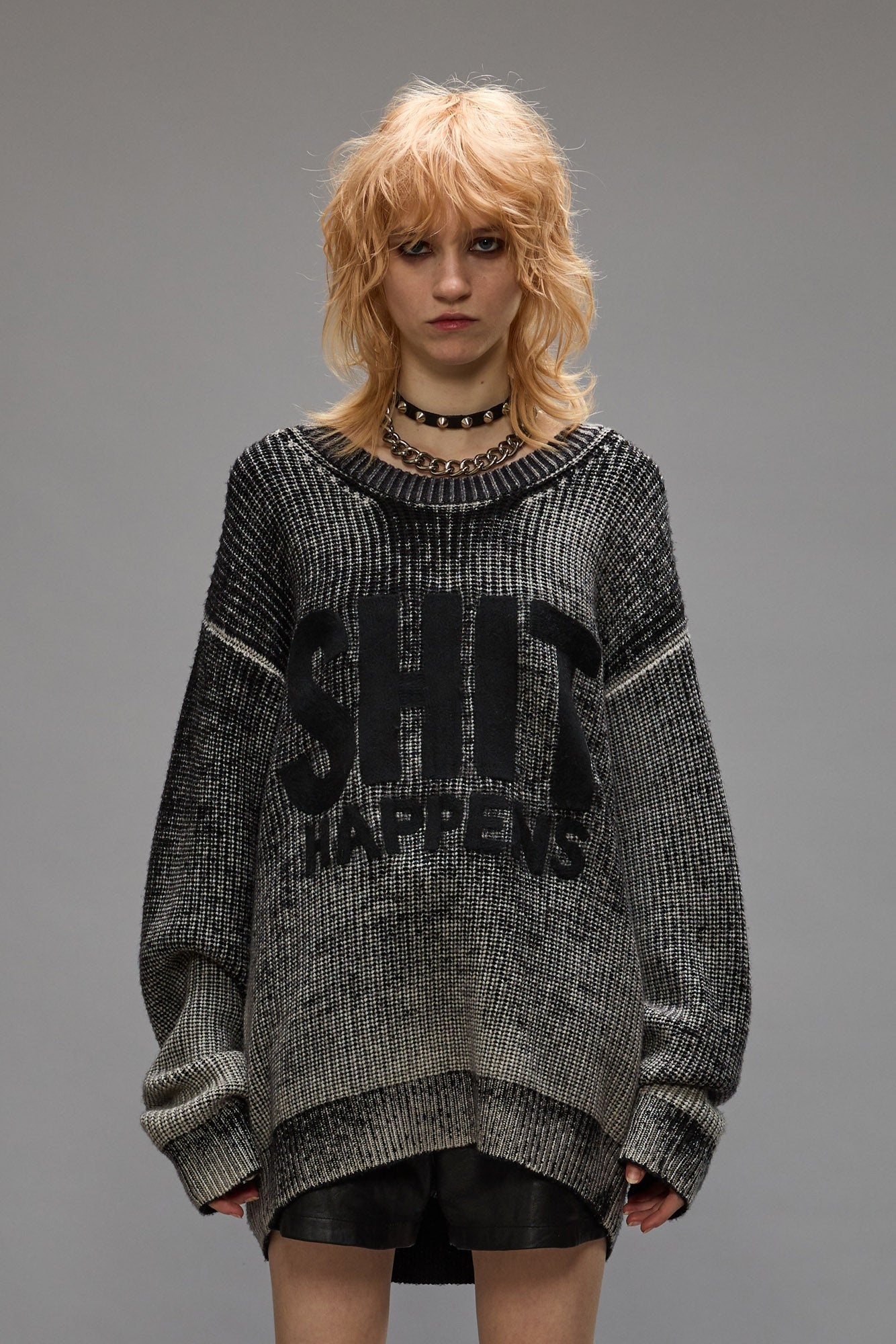 SHIT HAPPENS BOYFRIEND SWEATER - DISTRESSED BLACK - 3