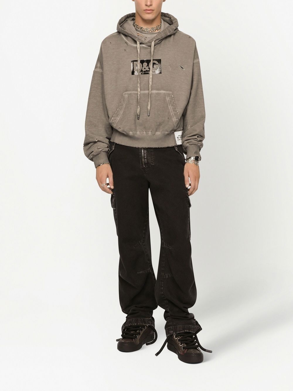 logo-print washed cotton hoodie - 3