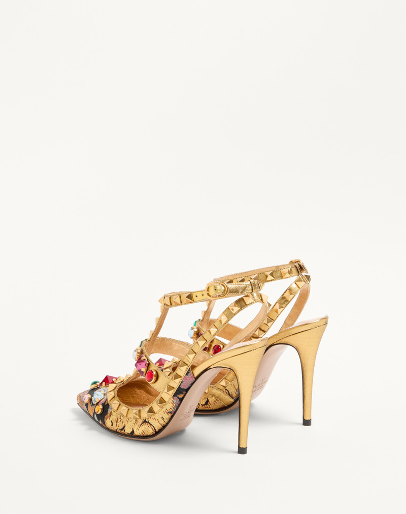 ROCKSTUD PUMPS WITH STRAPS IN JACQUARD APRES L'HIVER FABRIC WITH CRYSTALS 100MM 5
