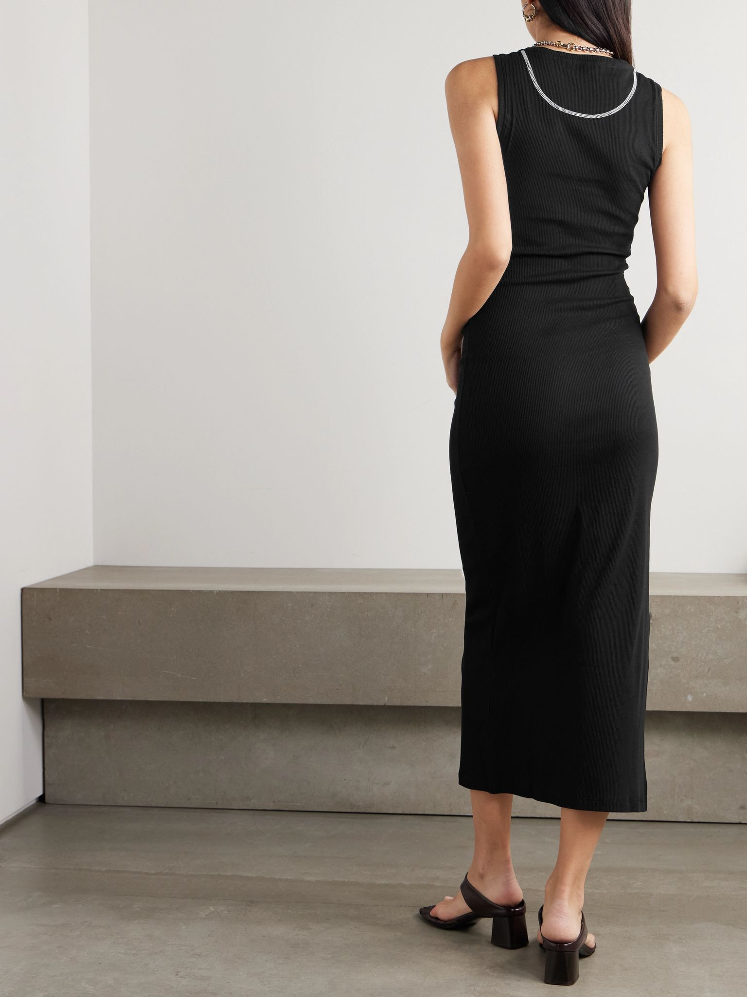 Anagram embroidered ribbed cotton-jersey midi dress Black - 3