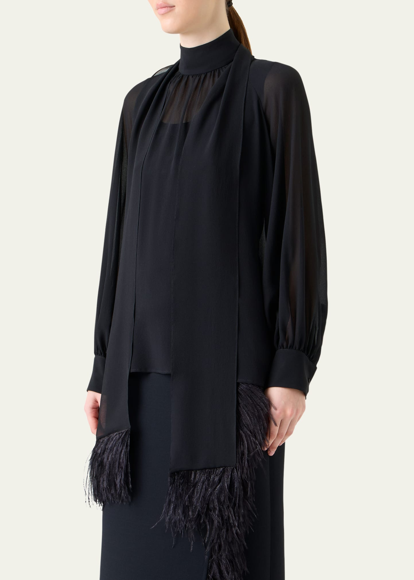 Feather-Trim Scarf Silk Georgette Blouse - 4