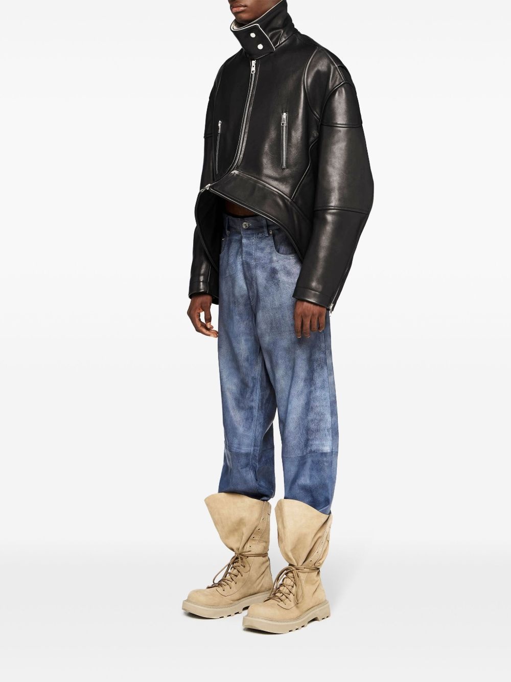 curved-hem high-neck leather jacket - 2