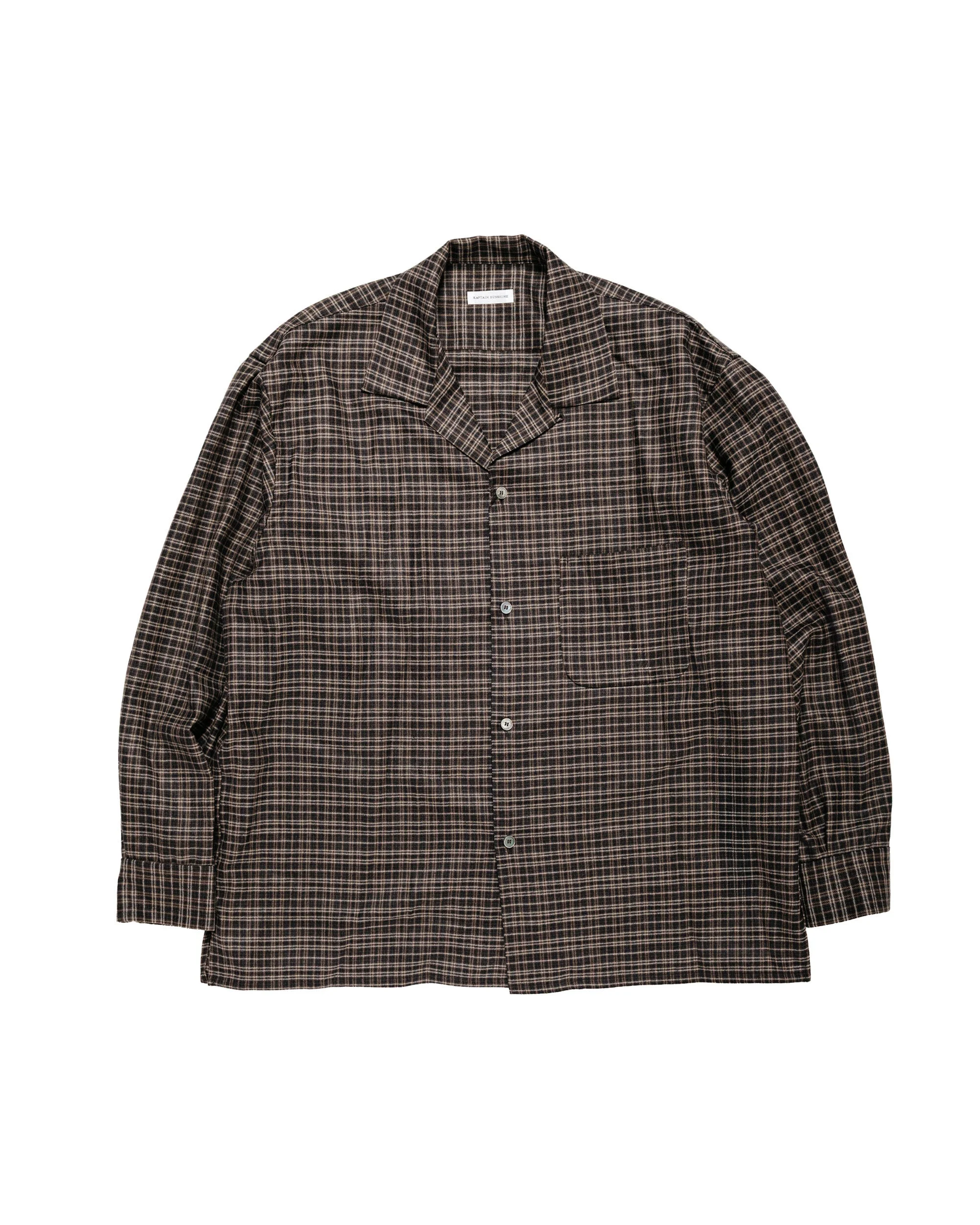 Wool Plaid Open Collar Shirt Brown - 1