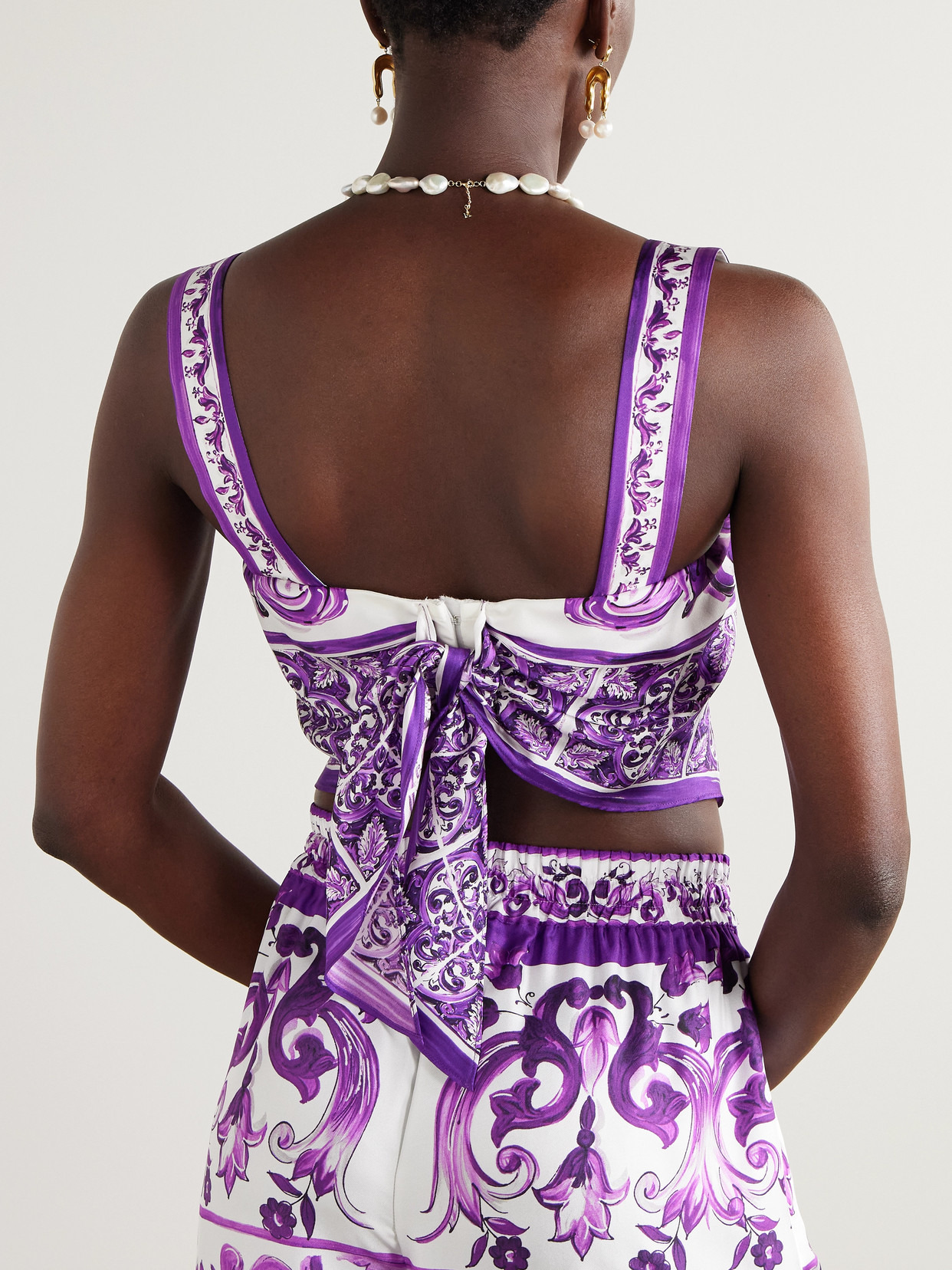 Cropped Asymmetric Printed Silk-twill Top - 3