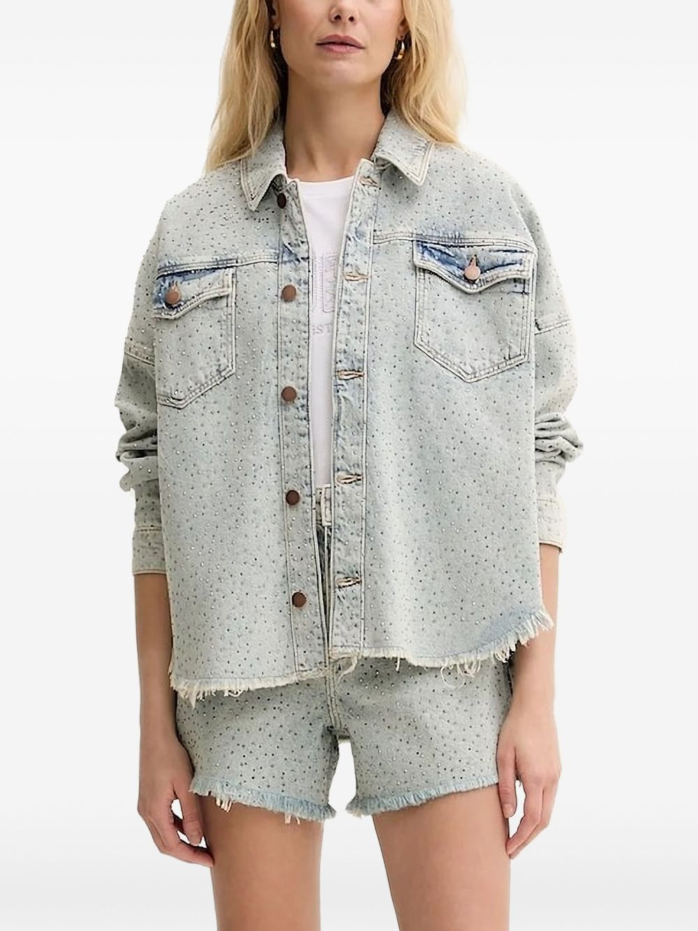 embellished frayed denim jacket - 1