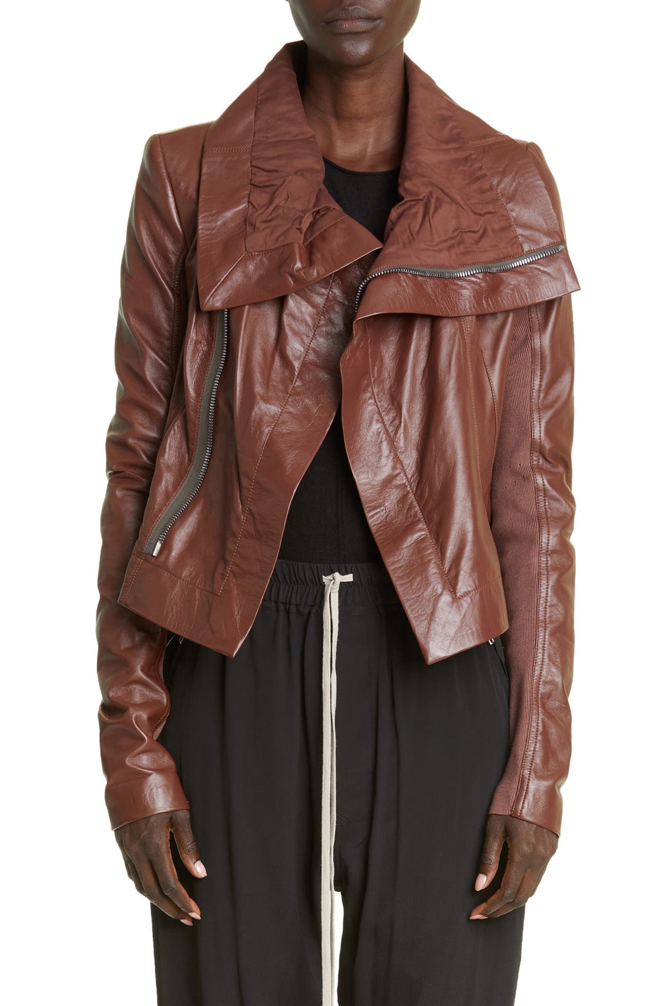 Rick Owens Women's Asymmetric Hem Mixed Media Moto Jacket in Macassar at Nordstrom - 1