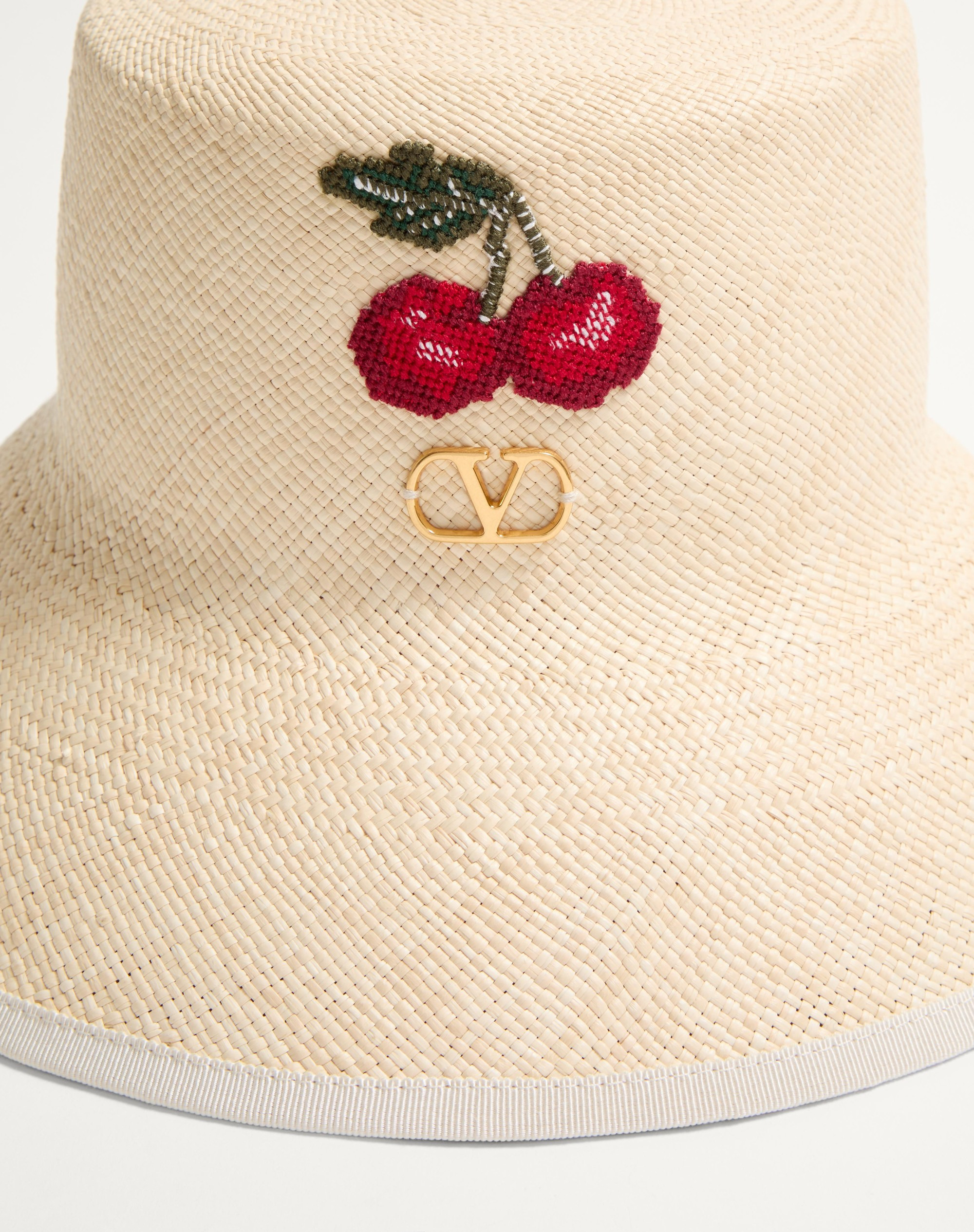 VLOGO SIGNATURE STRAW BUCKET HAT WITH LEATHER TRIM AND CHERRYFIC EMBROIDERY - 4