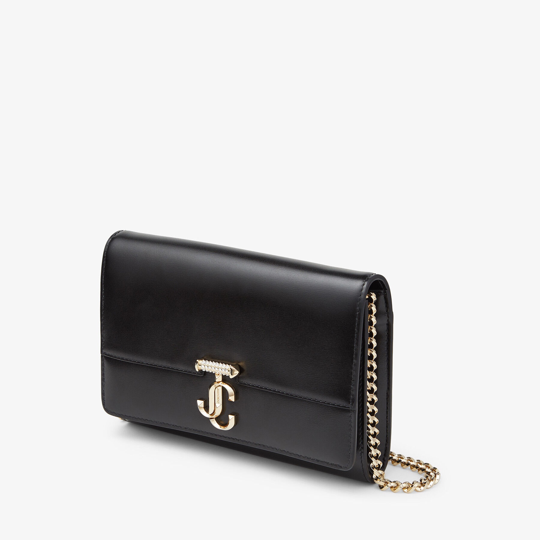 JIMMY CHOO Varenne Clutch Black Leather Clutch Bag with Crystal Bar and Gold JC Emblem REVERSIBLE