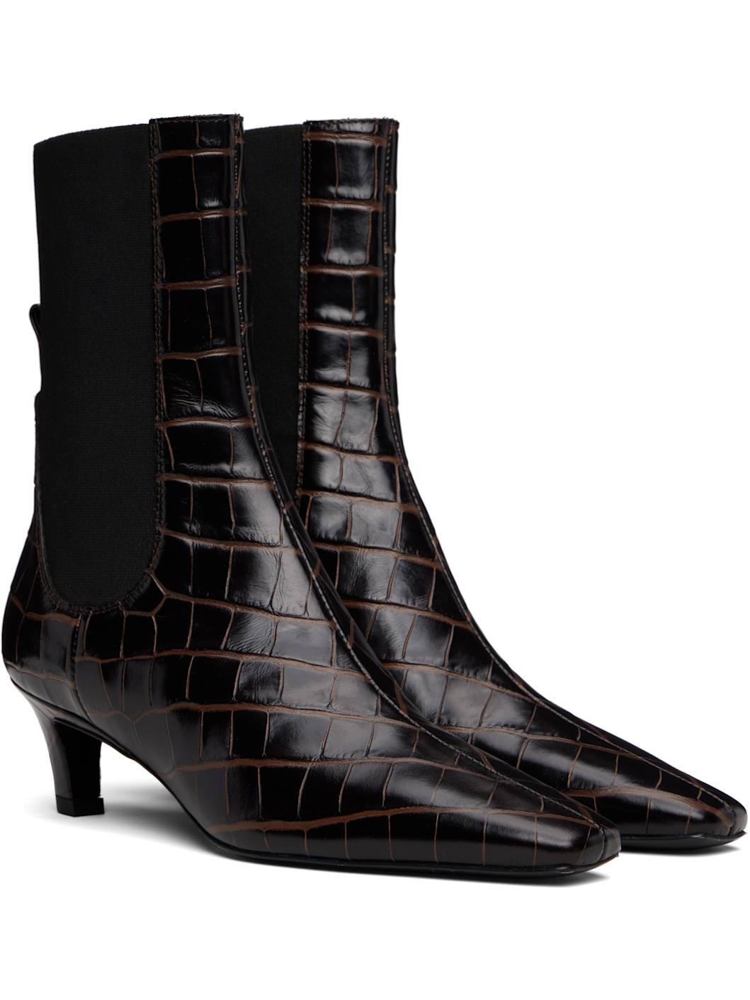 Brown Croco-Embossed Mid-Heel Boots - 4