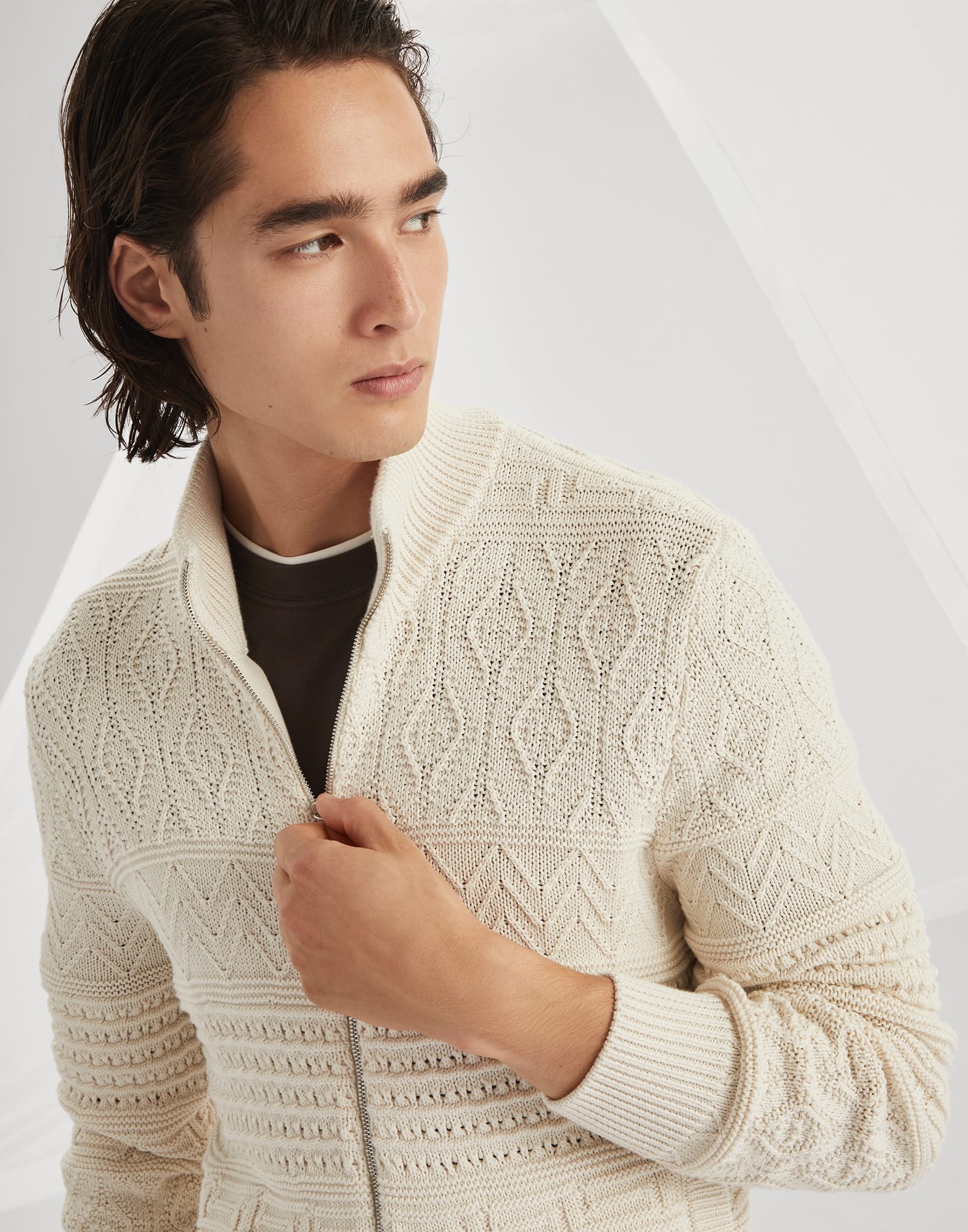 Heritage stitch cardigan in cotton with zipper - 3