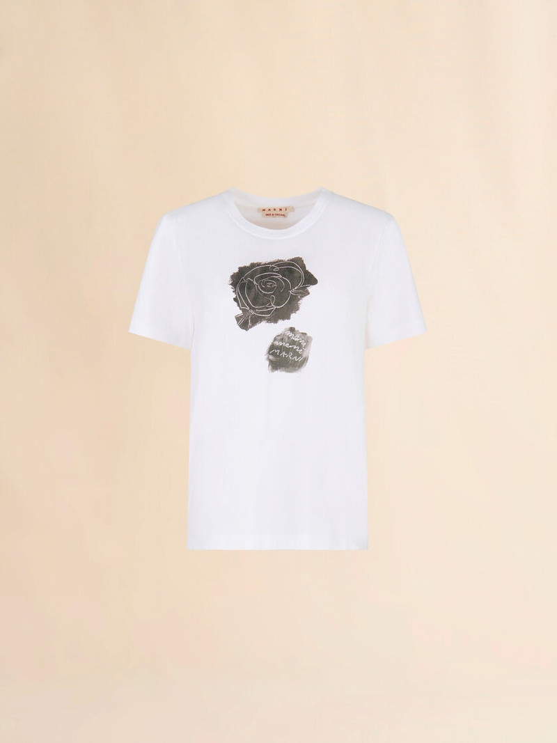 WHITE COTTON T-SHIRT WITH SCRAPED ROSE PRINT 1