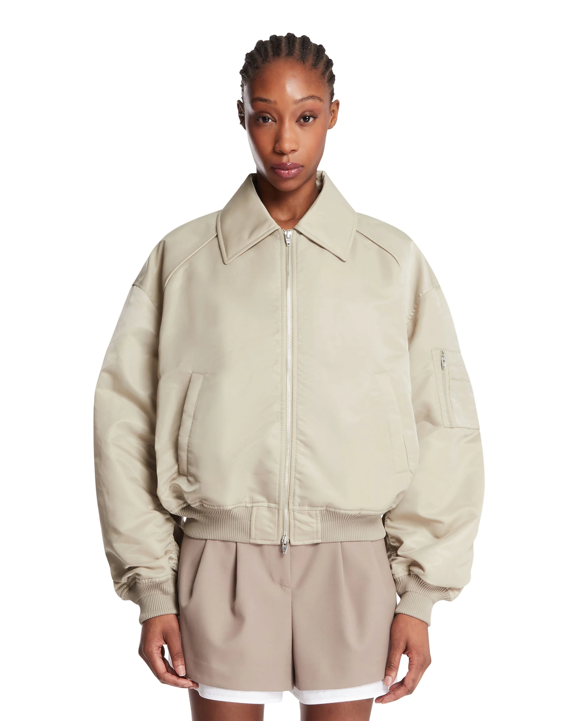 Beige Nylon Bomber Jacket - 1