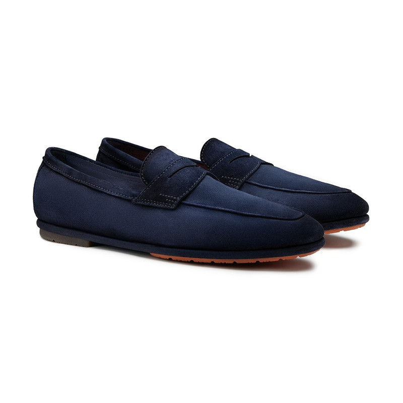 Santoni Men's blue suede Carlo penny loafer outlook