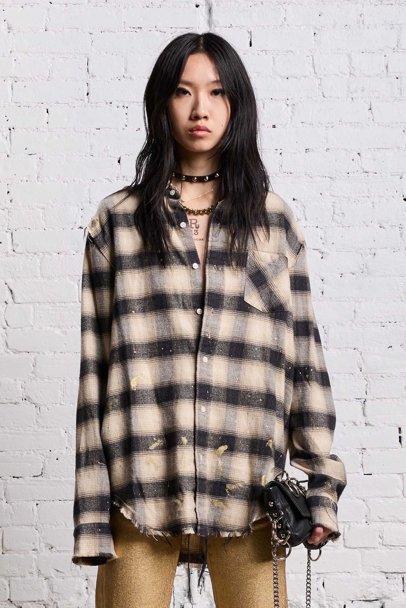 SHREDDED SEAM SHIRT - GOLD SPLATTERED BLACK PLAID - 4