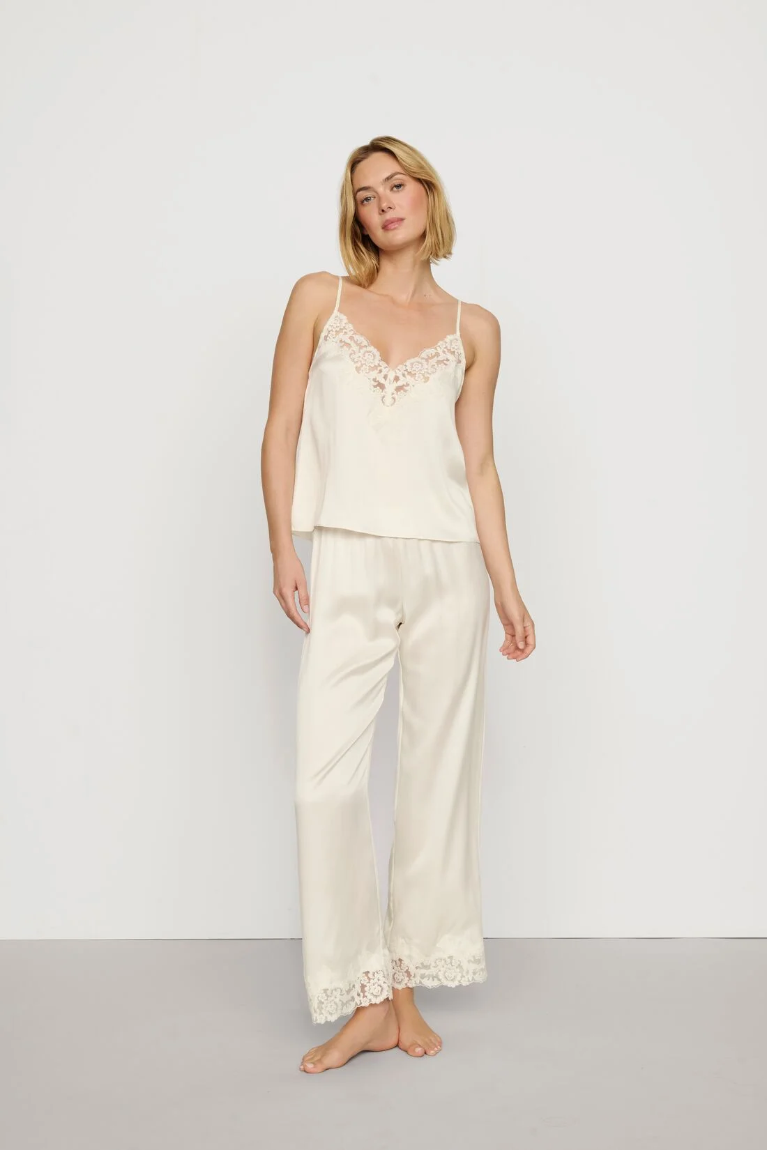 Washable Silk with Lace Embroidery Cami & Pant PJ Set - 1
