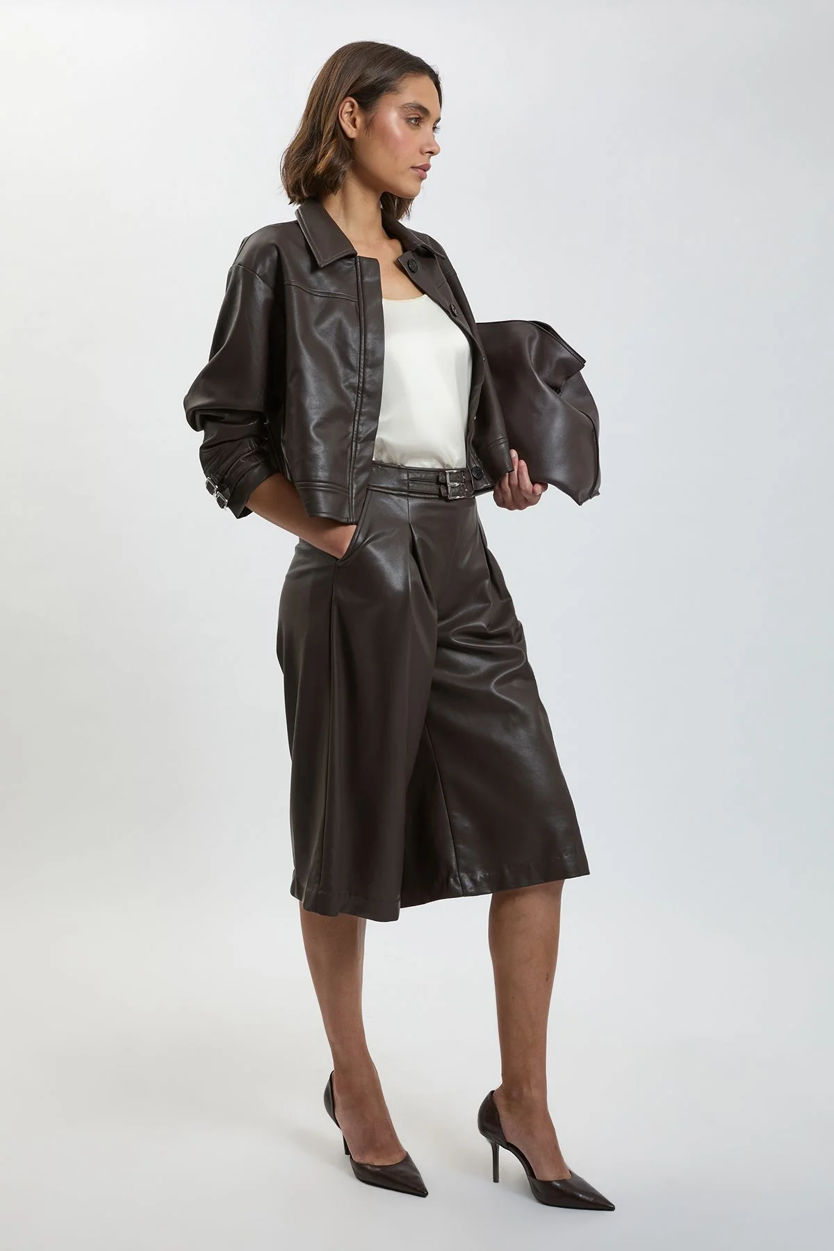 Faux Leather Tab Detail Culottes - 1