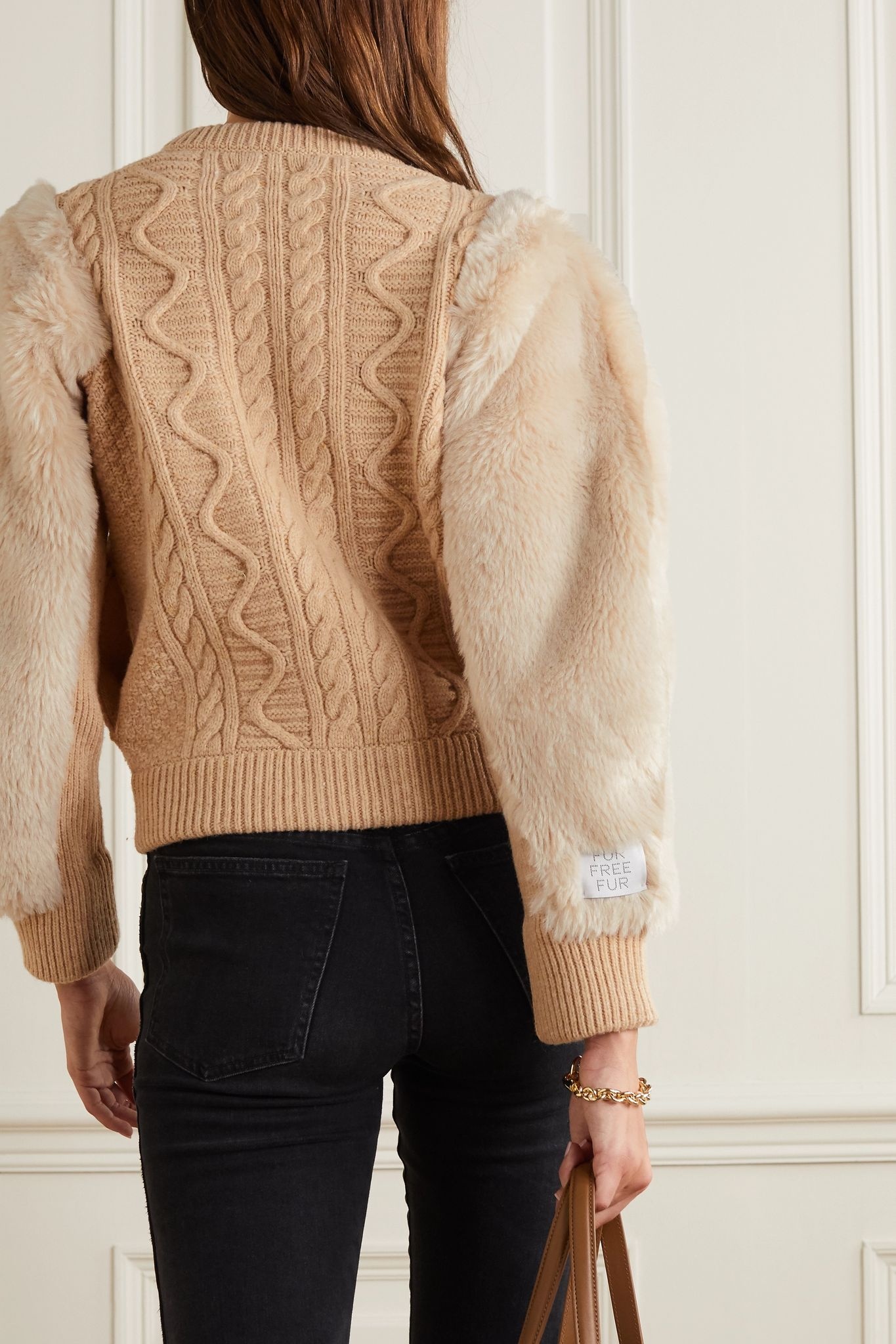 Faux fur-trimmed cable-knit wool jacket - 3