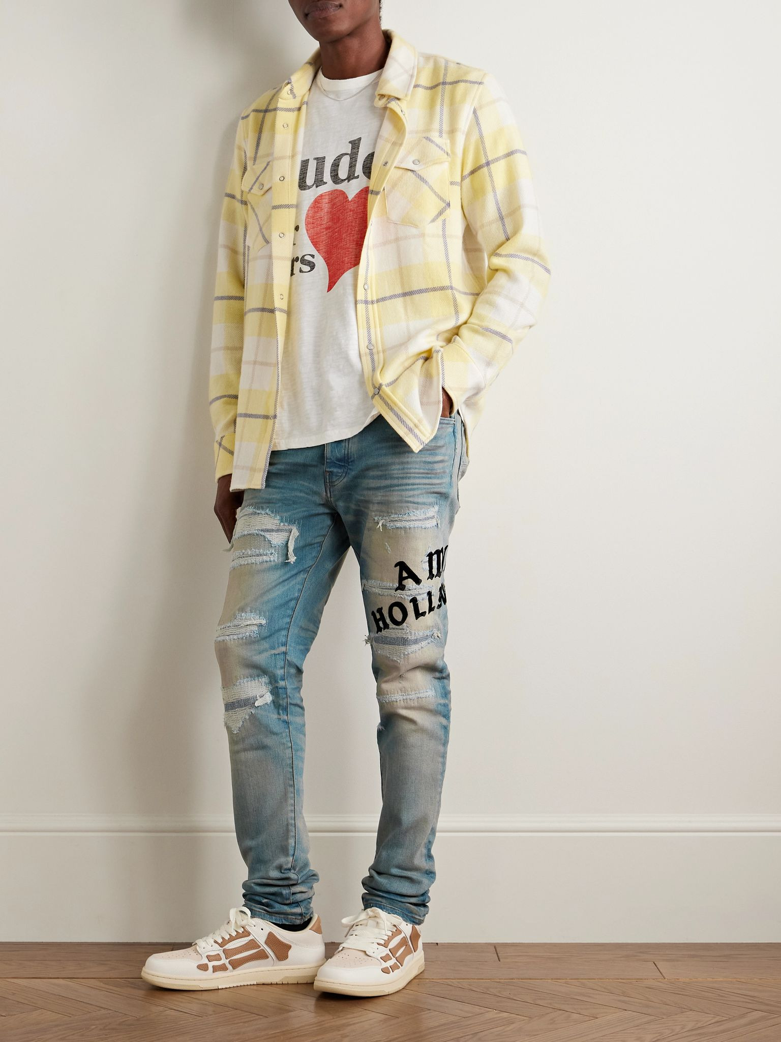 Hollywood Skinny-Fit Logo-Flocked Distressed Jeans Blue - 2