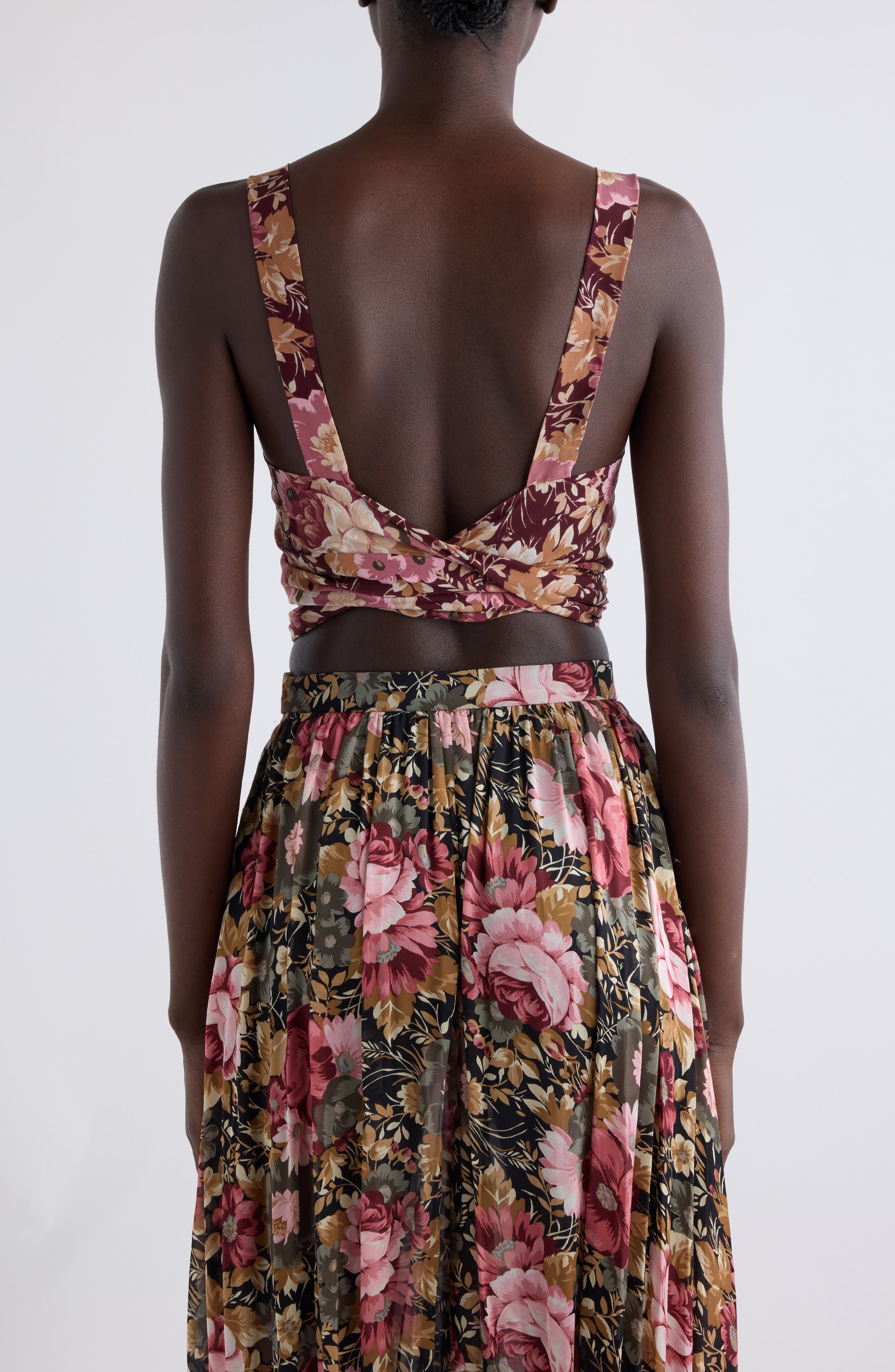 Chloé Floral Print Tie Front Silk Twill Crop Top in Maroon Pink at Nordstrom - 3