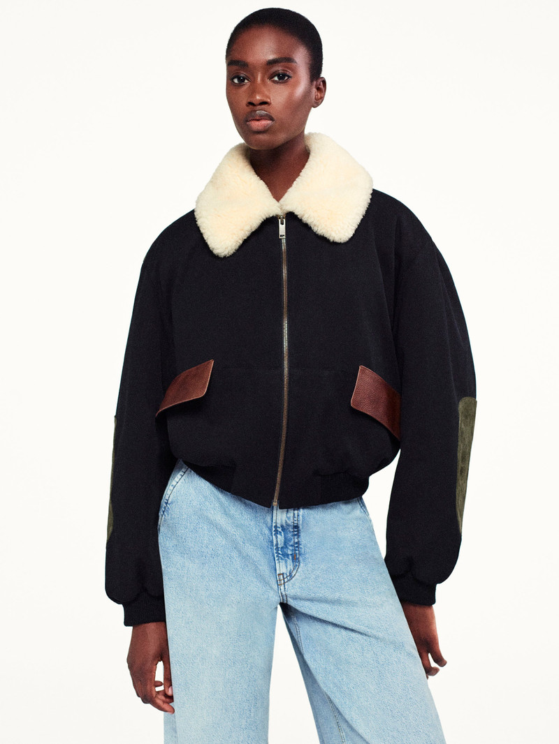 FRAME Mixed Leather Bomber in Black outlook