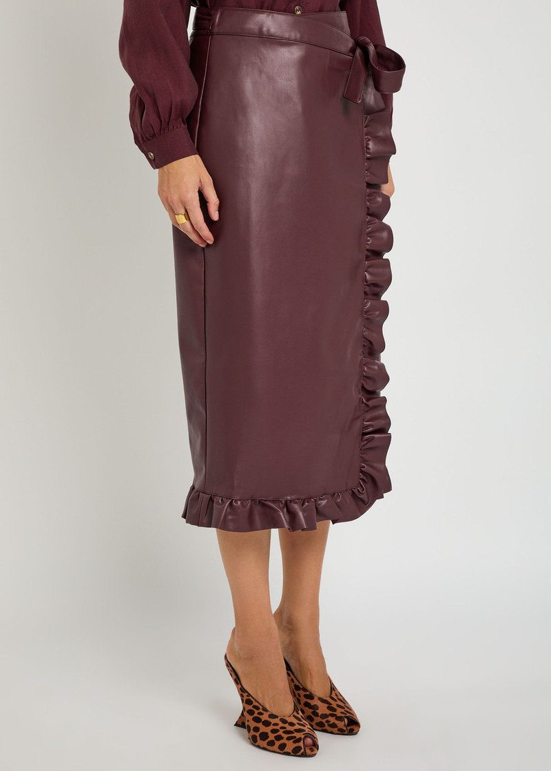 Never Fully Dressed Never Fully Dressed Jaspre Ruffled Faux Leather Midi Wrap Skirt outlook
