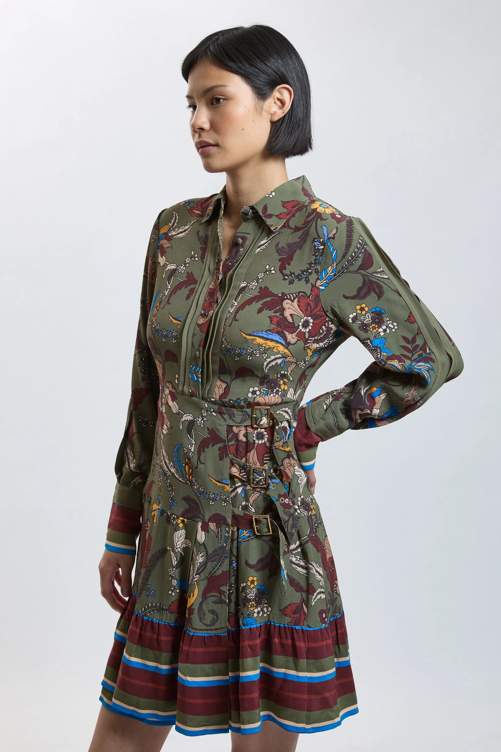Petite Floral Print Belt Detail Viscose Mini Shirt Dress - 1