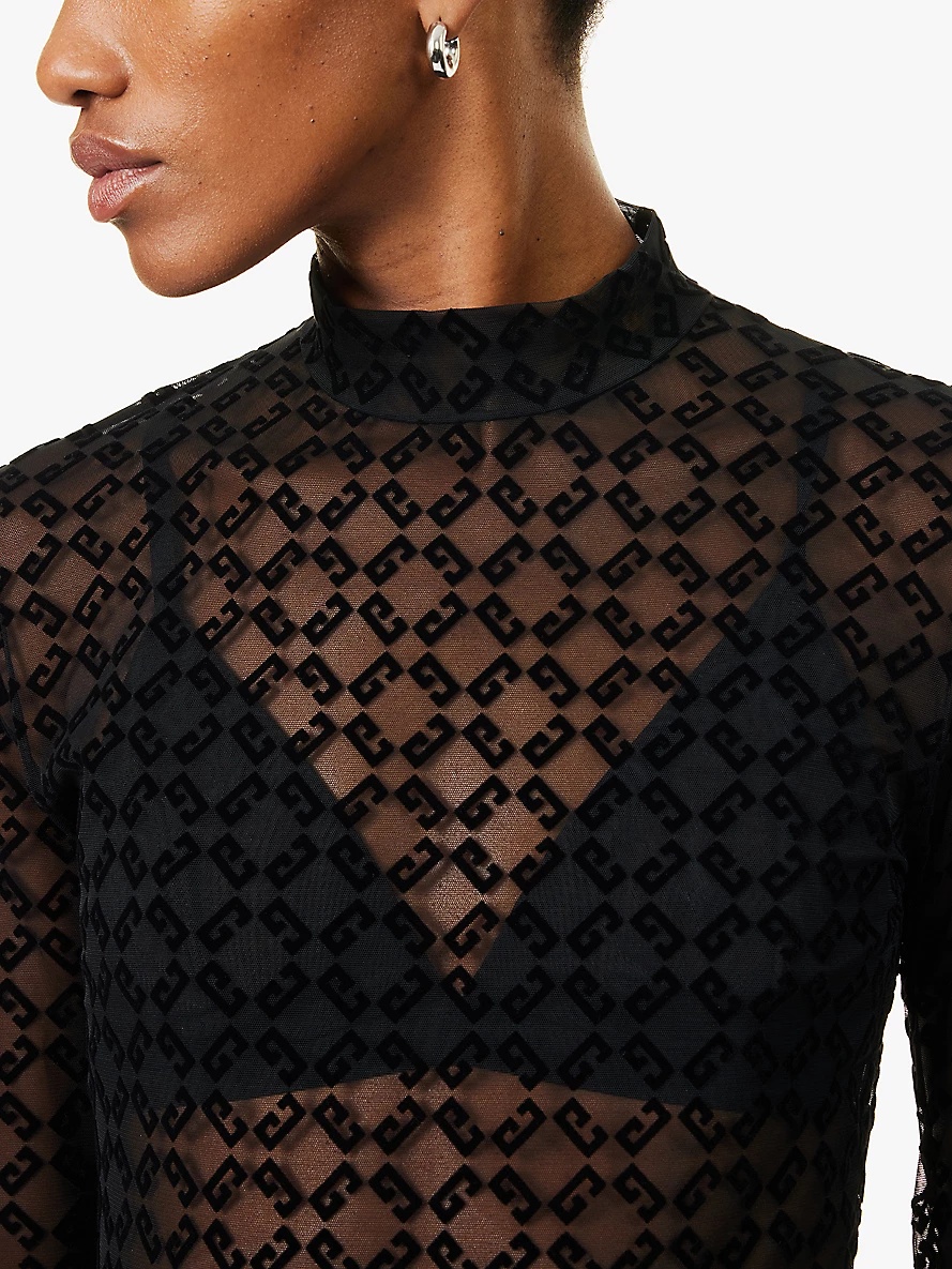 Logo-jacquard long-sleeve mesh body - 5