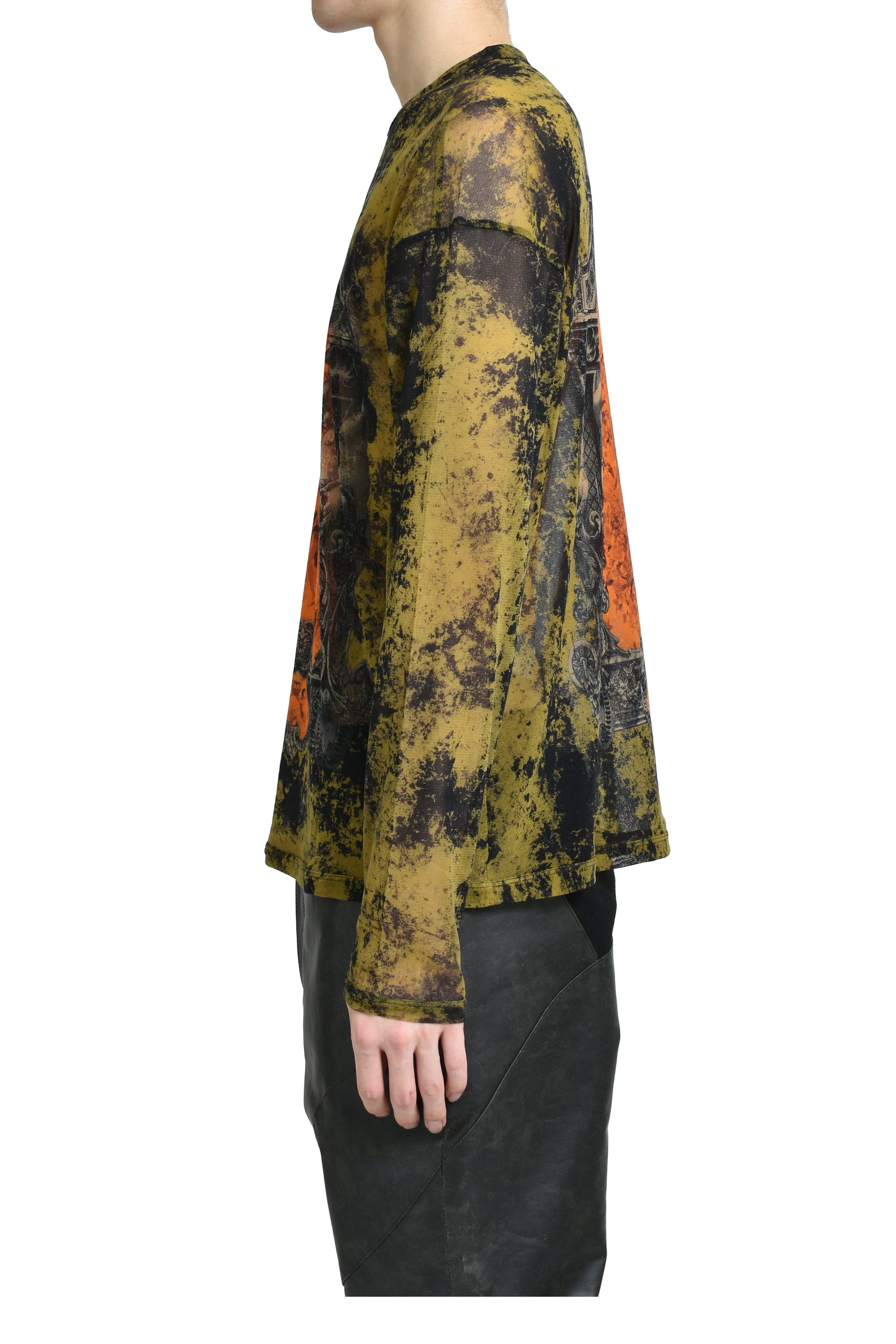 MESH OVERSIZED CREW NECK TOP PRINTED "MEDAILLON" / BLK/KHA/ORG - 3