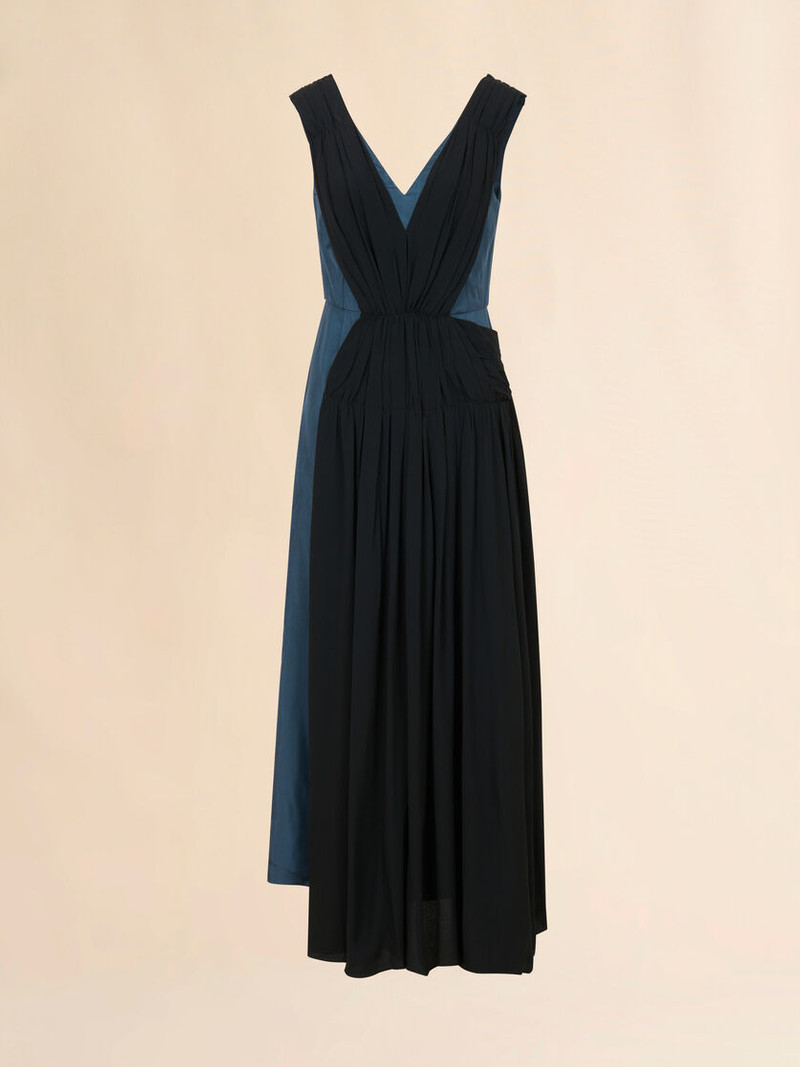 TURQUOISE TWILL DRESS WITH ASYMMETRIC DRAPING 1