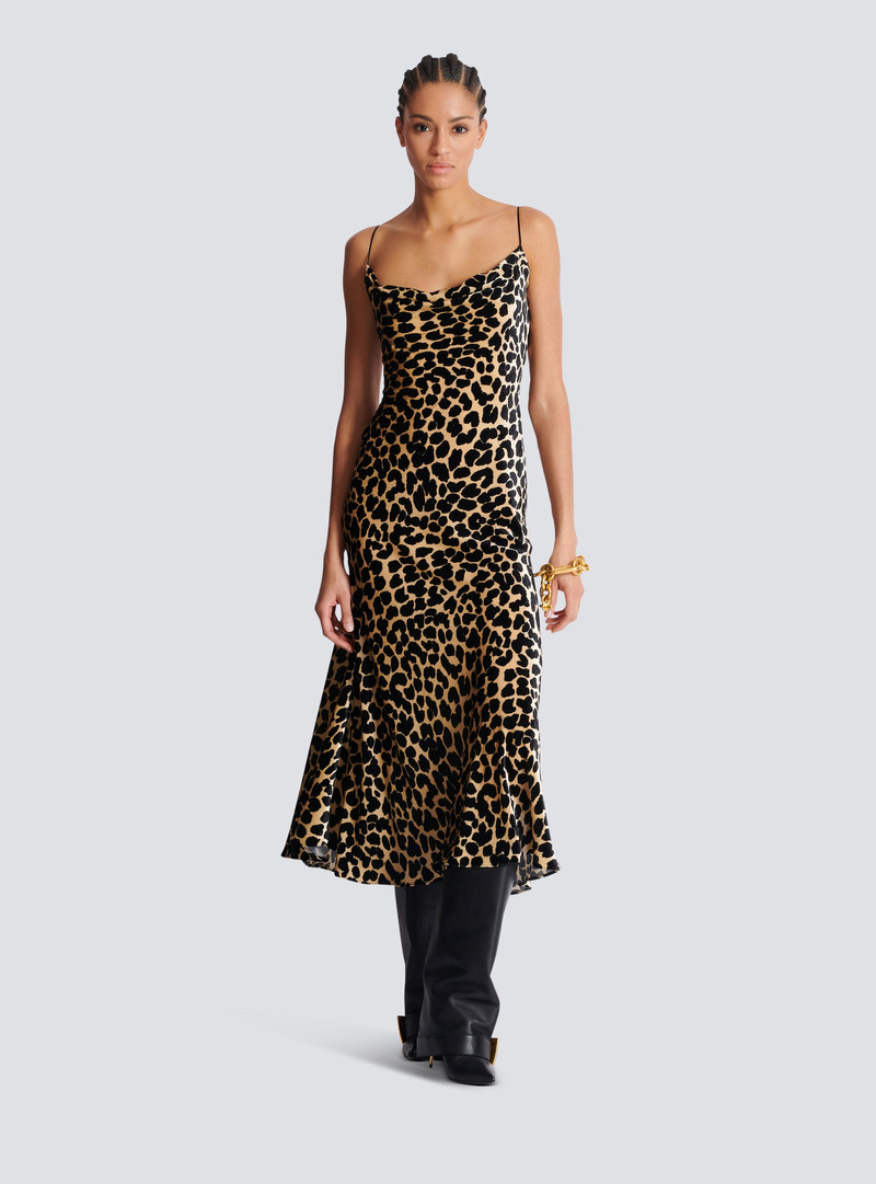 Balmain Flowing leopard print velvet dress outlook