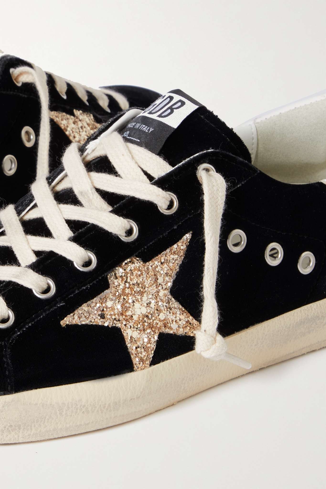 Super-Star eyelet-embellished distressed glittered leather and velvet sneakers - 4
