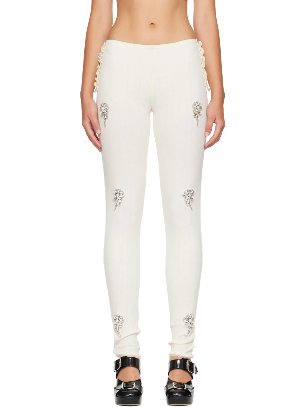 Off-White Embellished Pointelle Ruffle Frill Leggings - 1