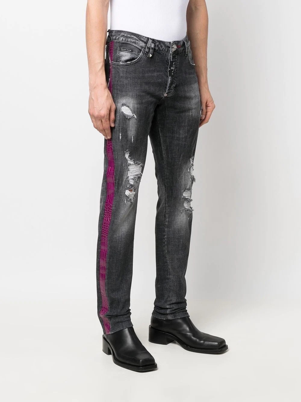 crocodile-embossed stripe slim-fit jeans - 3