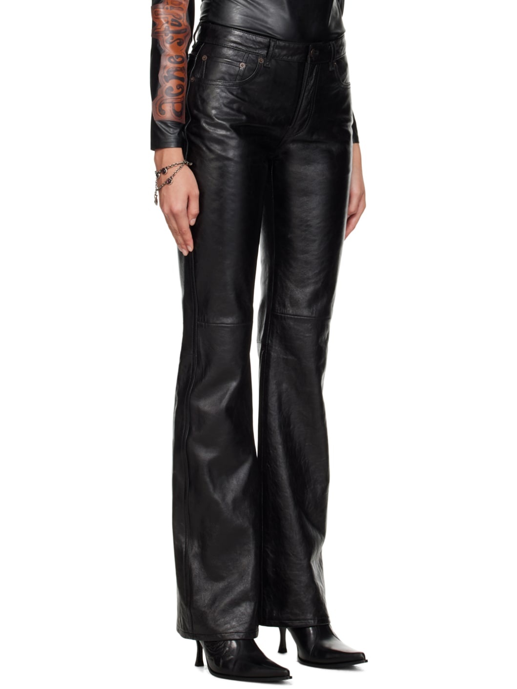 Black Paneled Leather Pants - 2