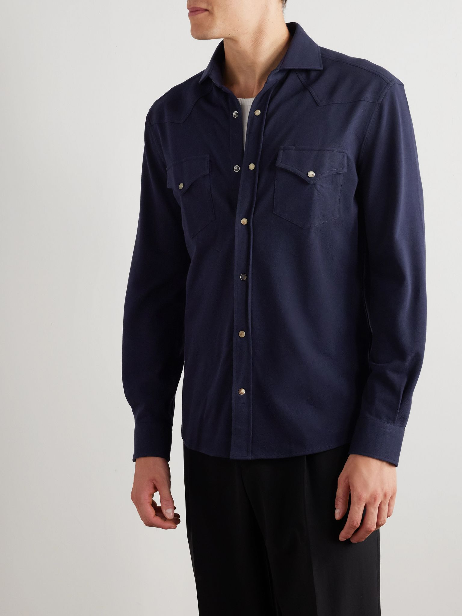 Slim-Fit Cotton-Piqué Western Shirt Blue - 3