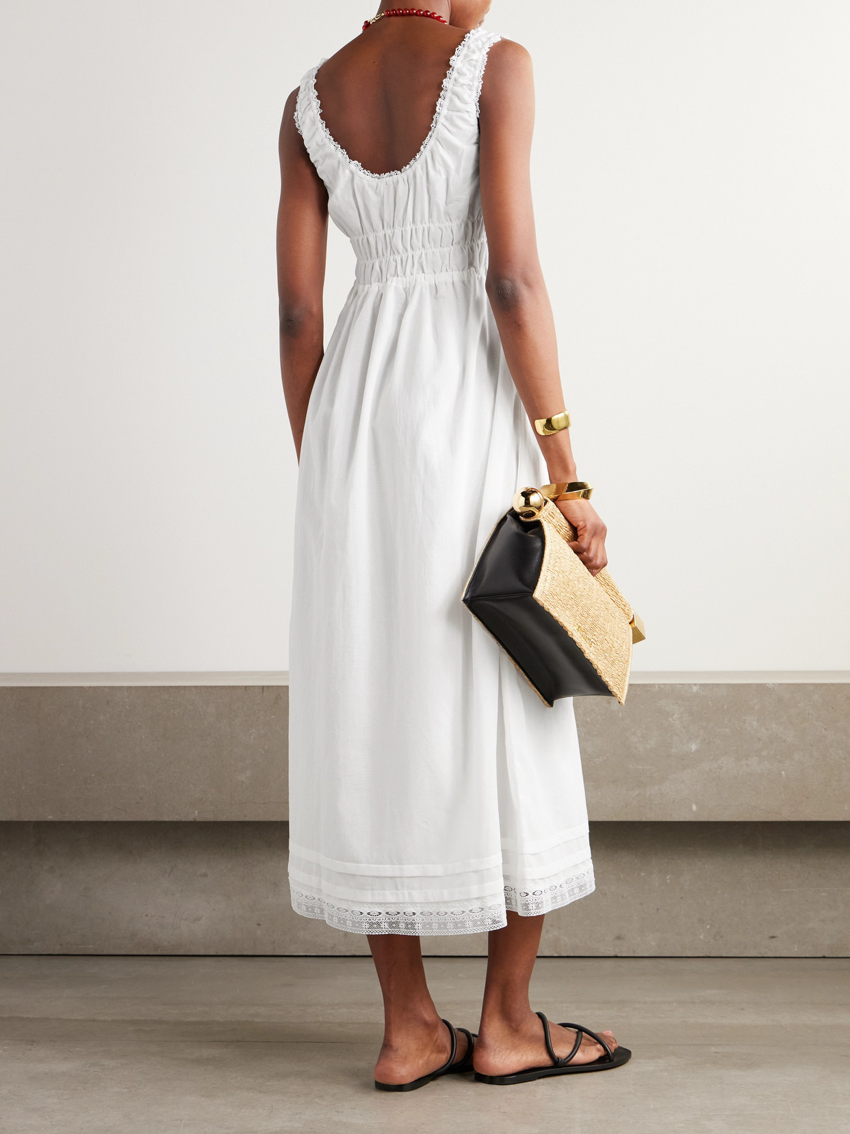 Juliet Bow-embellished Lace-trimmed Shirred Cotton-poplin Midi Dress - 3