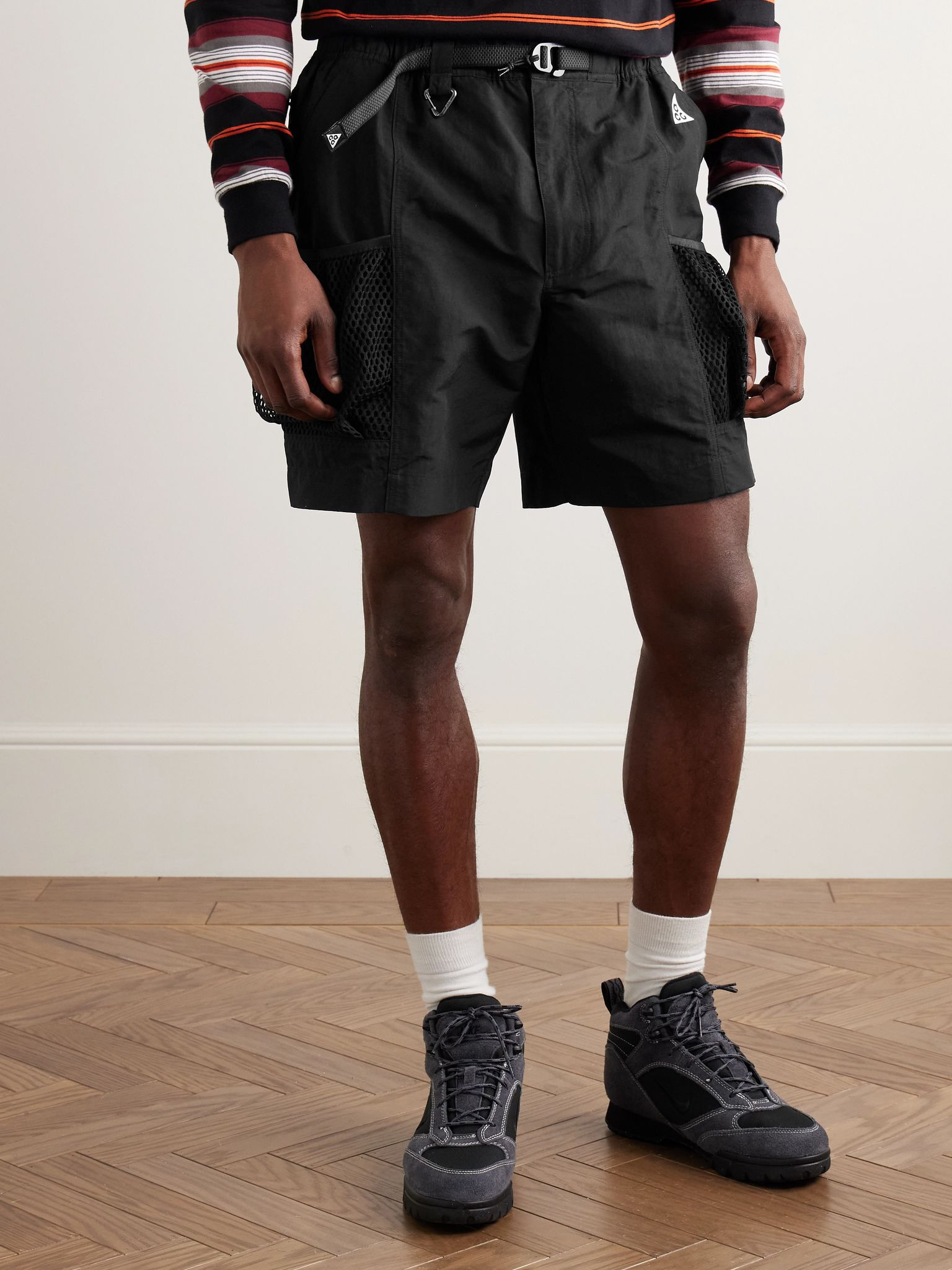 ACG Snowgrass Straight-Leg Mesh-Trimmed Belted Nylon Shorts Black - 3