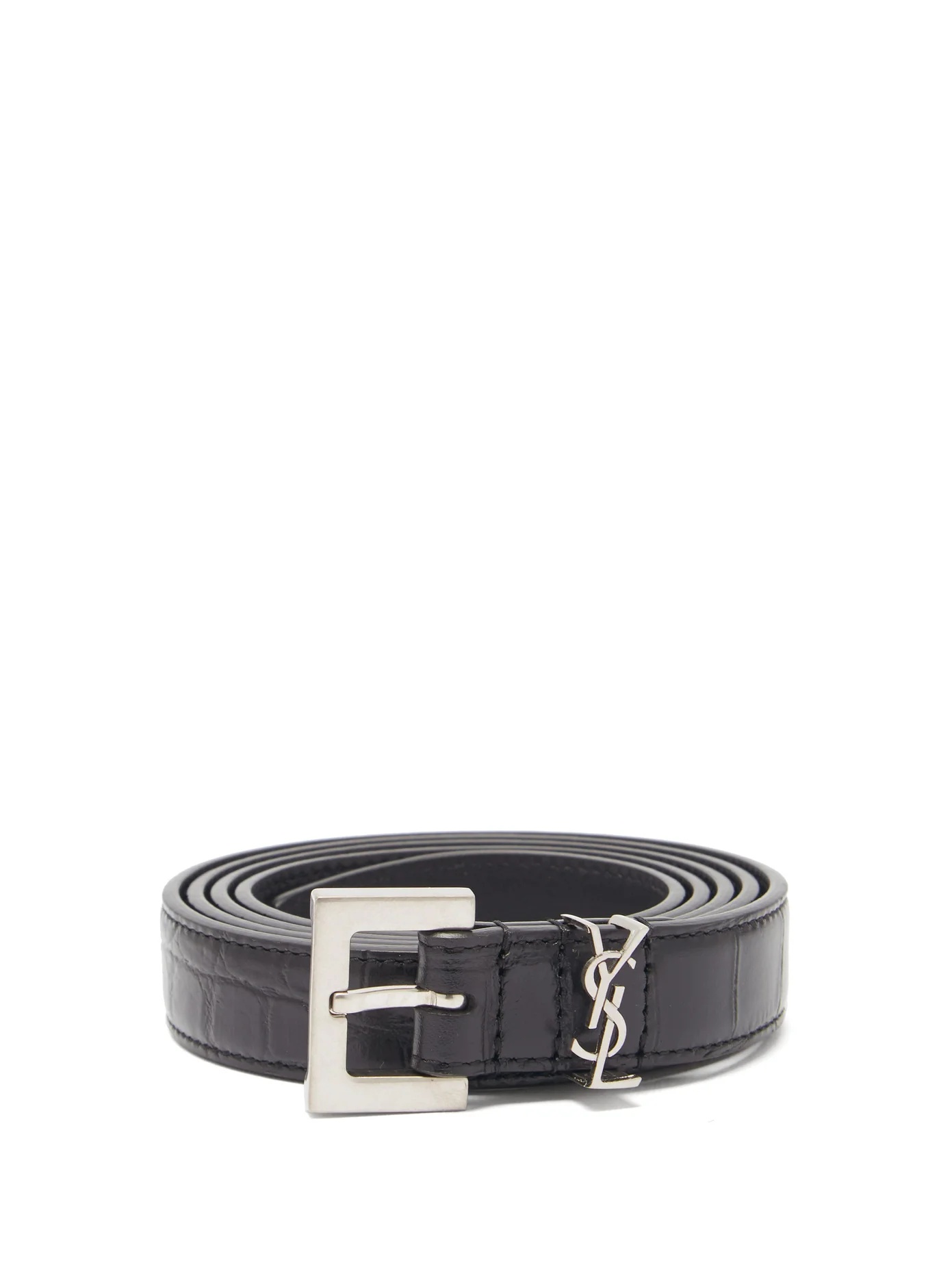 YSL-monogram crocodile-effect leather belt - 1