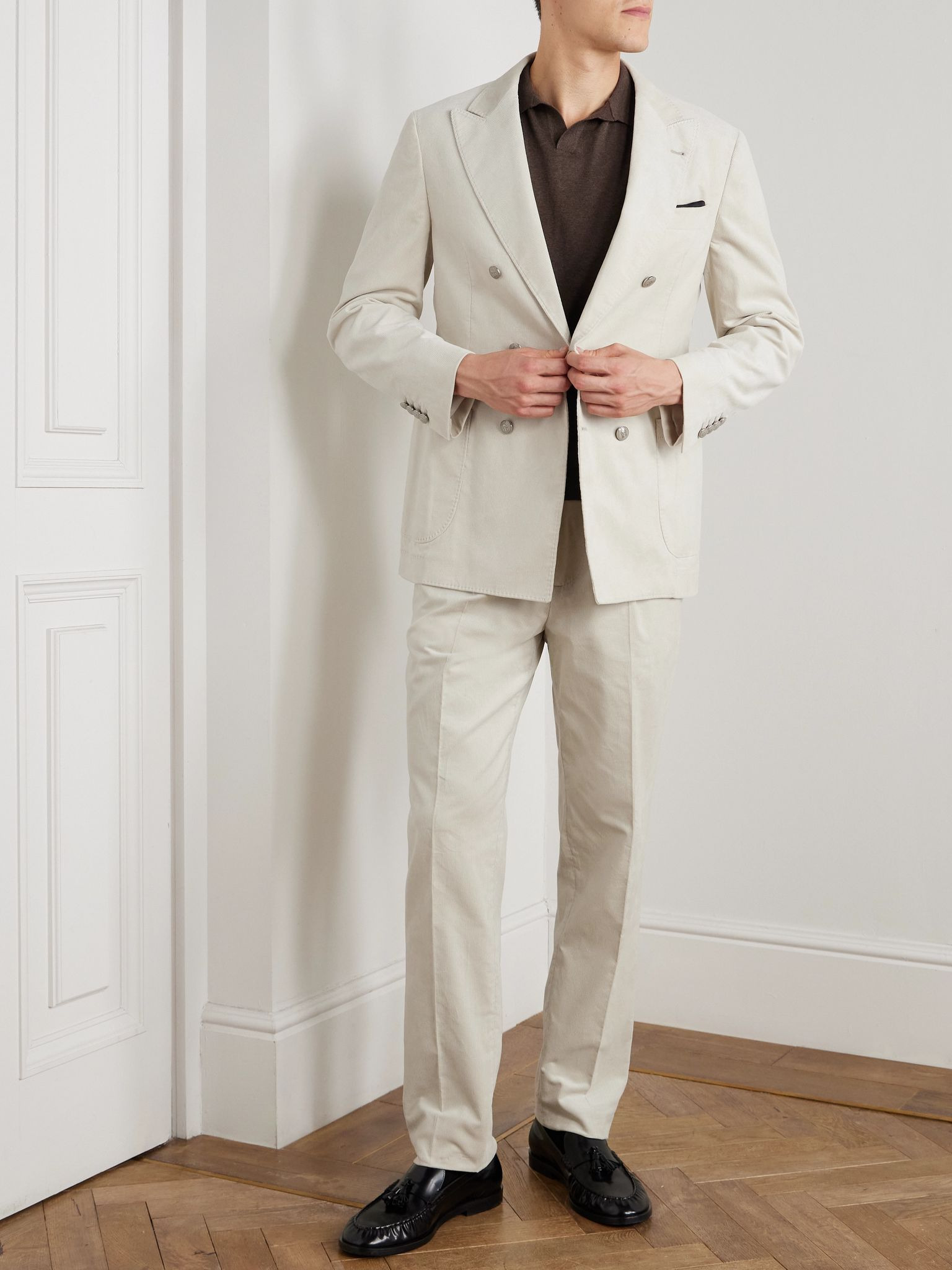 Straight-Leg Pleated Cotton-Corduroy Suit Trousers Cream - 2