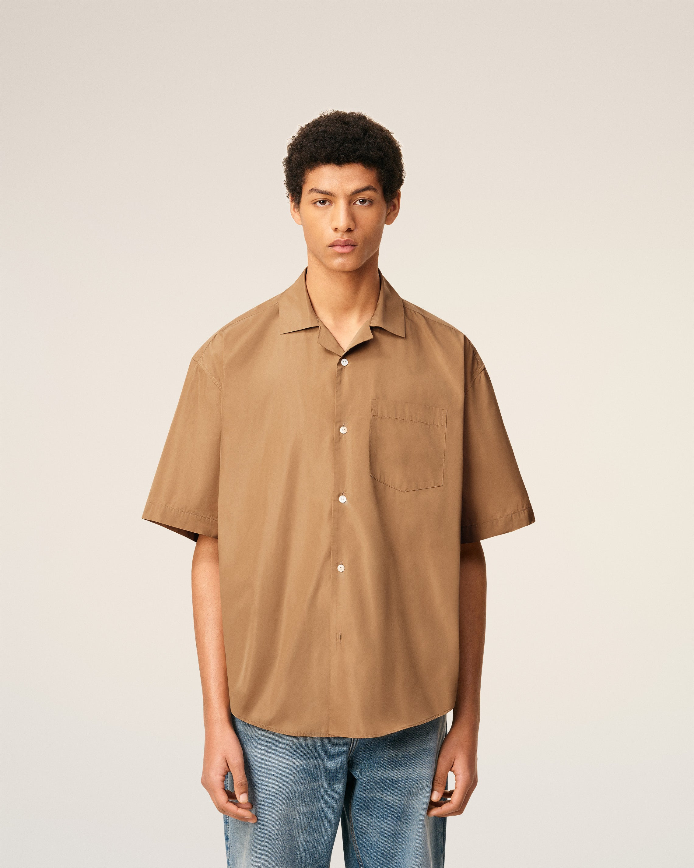 BROWN TAFFETASS SHORT SLEEVED BOXY SHIRT - 5