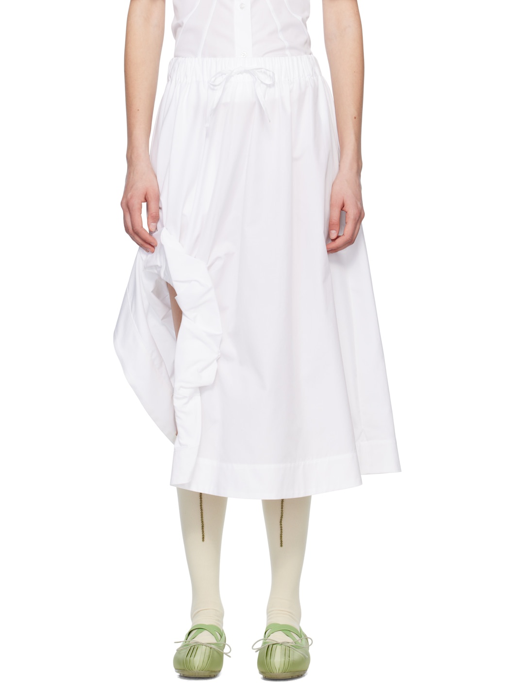 White Gathered Slit Midi Skirt - 1