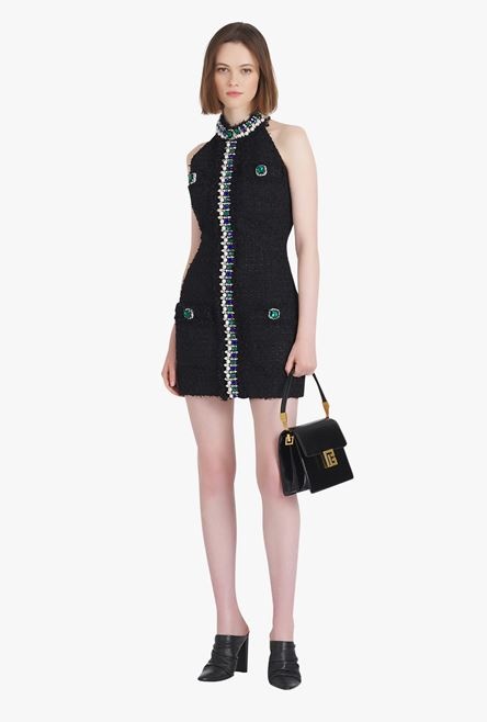 Short black tweed dress with multicolor jewel embroidery - 2