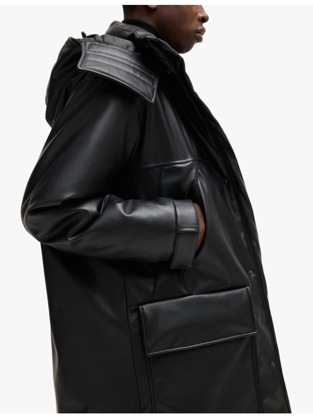 Embossed-logo longline faux leather-down jacket - 6