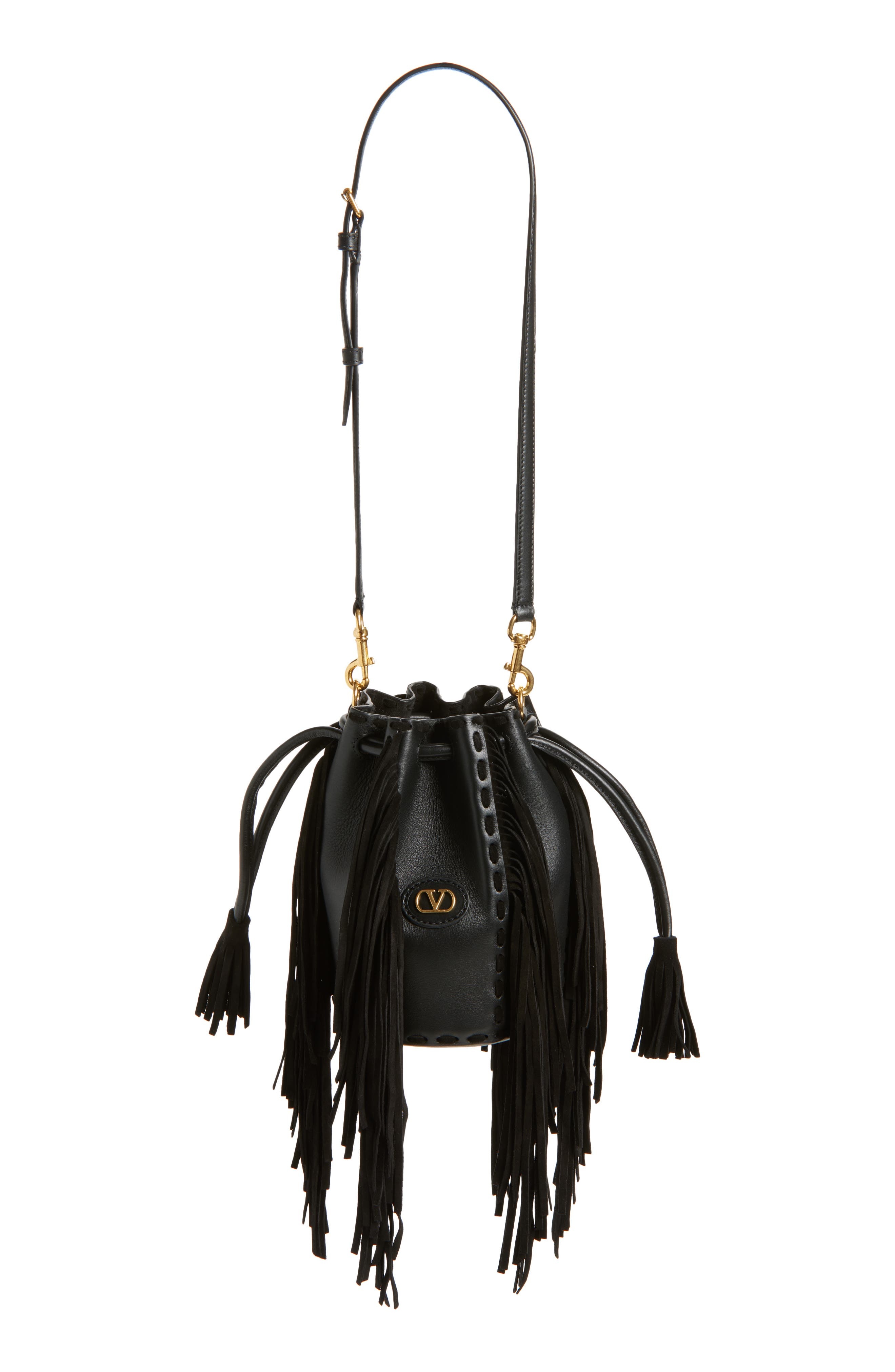 Valentino Garavani Small Nellcôte Fringed Leather Bucket Bag in Black at Nordstrom - 2